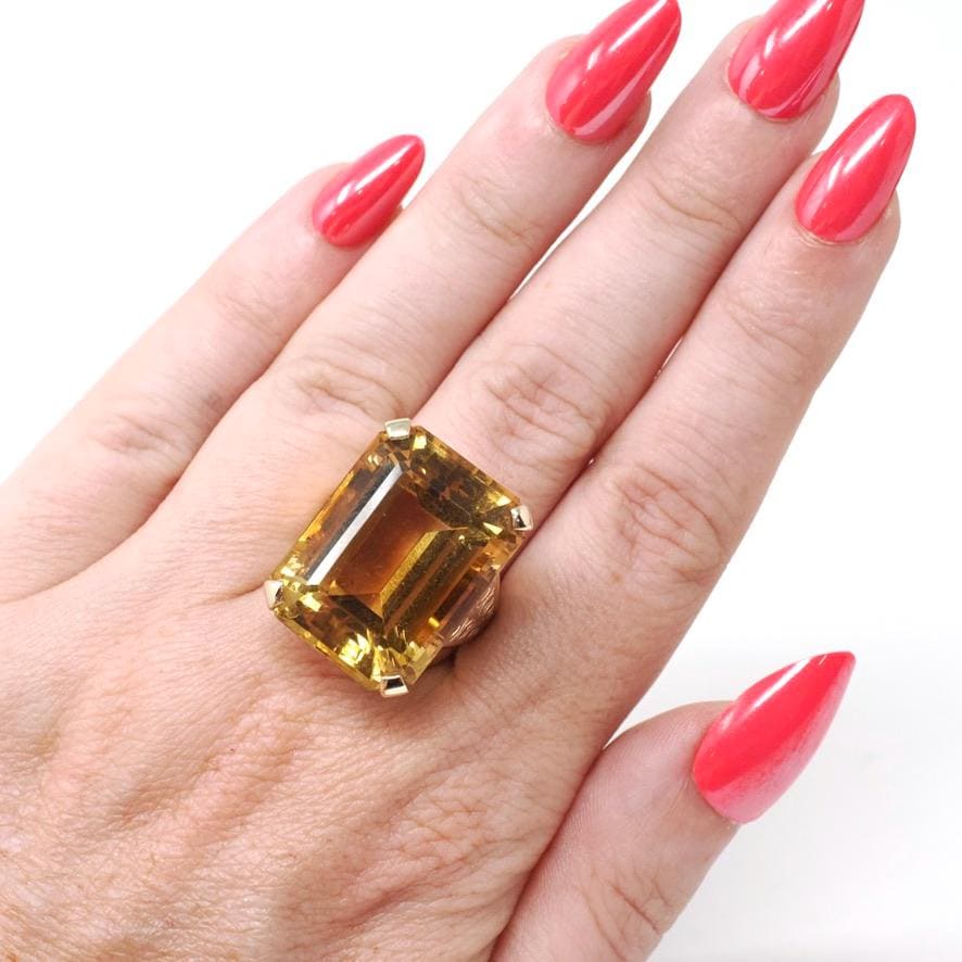 Vintage Citrine Ring - Retro 14k Yellow Gold Emerald Cut Natural Orange Yellow Gemstone Statement - Circa 1970s Era Size 7 1/2 Fine Jewelry