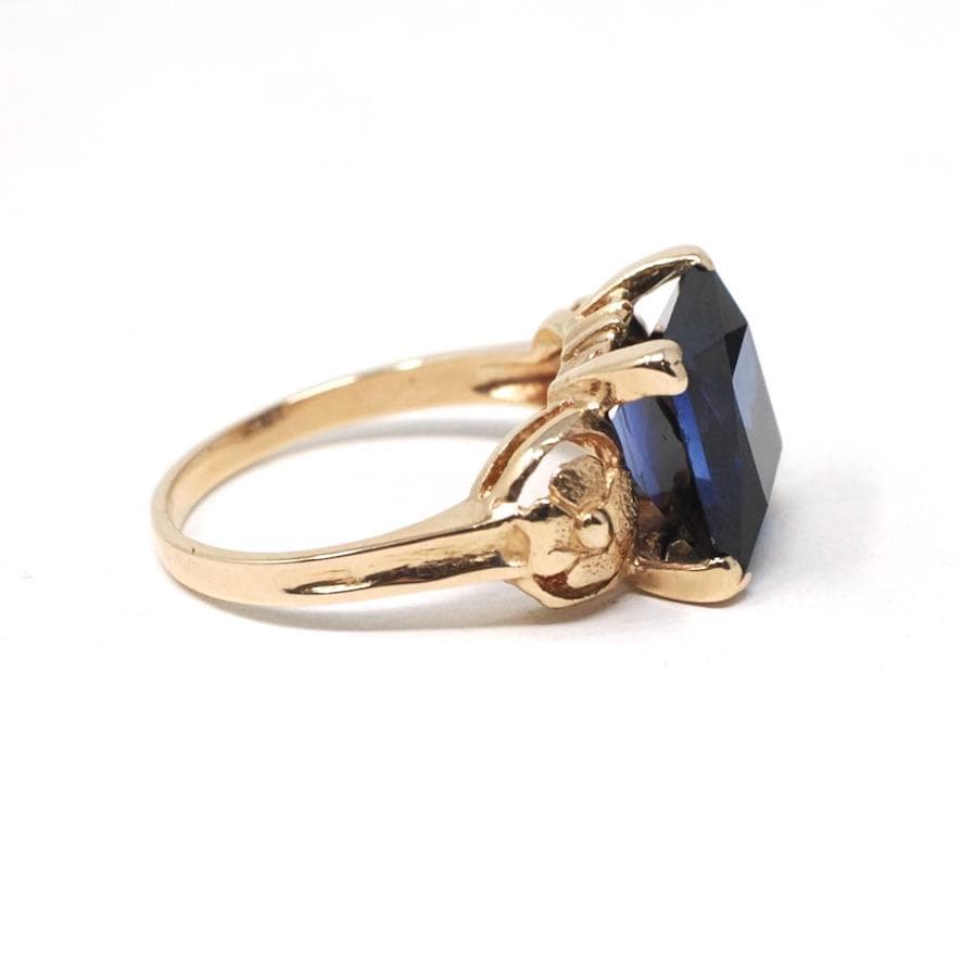 Vintage Created Sapphire Ring - Mid Century 10k Yellow Gold French Cut Square Blue Stone Solitaire - Circa 1940s Era Size 6 1/2 Fine Jewelry