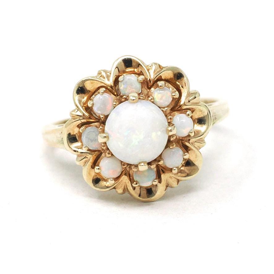 Opal Flower Ring - Modernist Era 10k Yellow Gold Natural Gemstone Cluster Halo - Circa 1970s Size 7 Floral Fine October Birthstone Jewelry