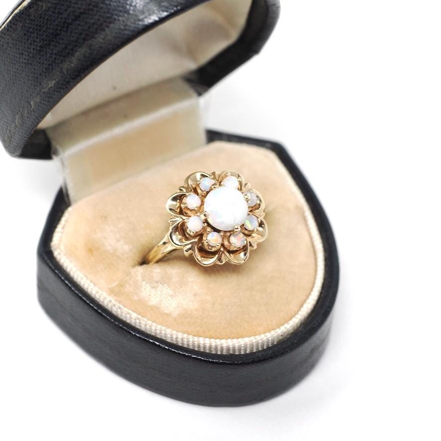 Opal Flower Ring - Modernist Era 10k Yellow Gold Natural Gemstone Cluster Halo - Circa 1970s Size 7 Floral Fine October Birthstone Jewelry