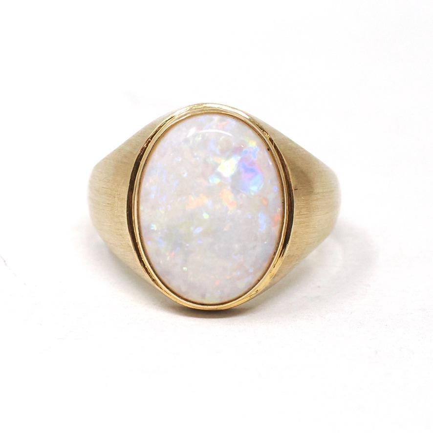 Modern Opal Ring - Estate 14k Yellow Gold Natural Oval Cabochon Gemstone Signet - Circa 2000s Era Size 9 1/2 Fine October Birthstone Jewelry