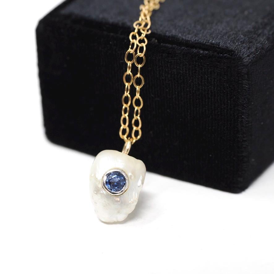 Pearl & Sapphire Charm Necklace - Antique 14k Yellow Gold Freshwater Cultured Pearl Stick Pin Conversion Pendant - Circa 1900s Fine Jewelry