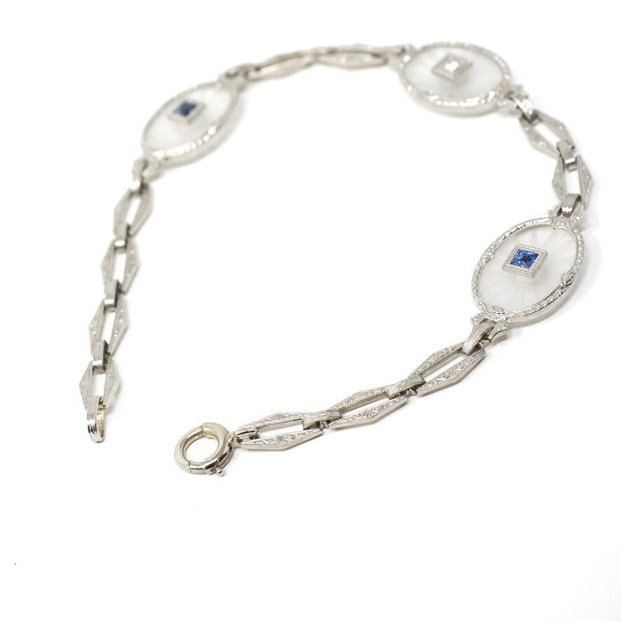 Rock Crystal Quartz Bracelet - Art Deco 14k White Gold Natural Diamond & Sapphire Accents - Circa 1930s Era Filigree Fine Panel Link Jewelry