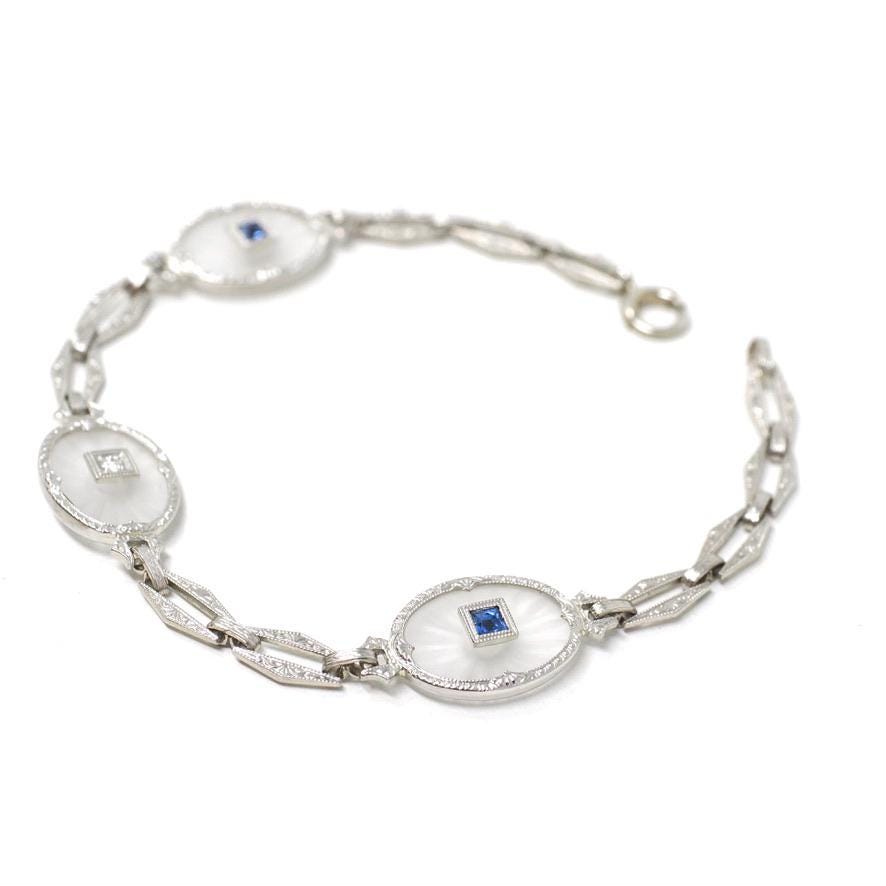 Rock Crystal Quartz Bracelet - Art Deco 14k White Gold Natural Diamond & Sapphire Accents - Circa 1930s Era Filigree Fine Panel Link Jewelry