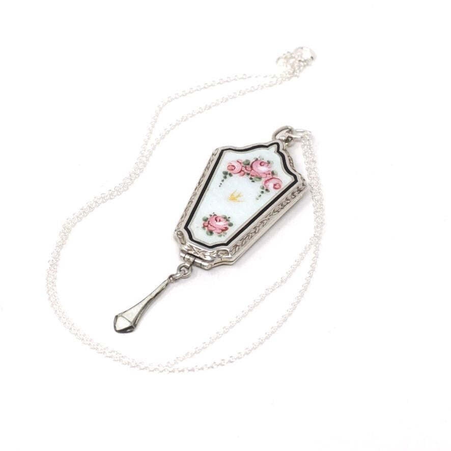 Antique Flower Locket - Art Deco Sterling Silver Floral & Bird Guilloche Enamel Necklace Pendant - Circa 1920s Rose Tassel Keepsake Jewelry