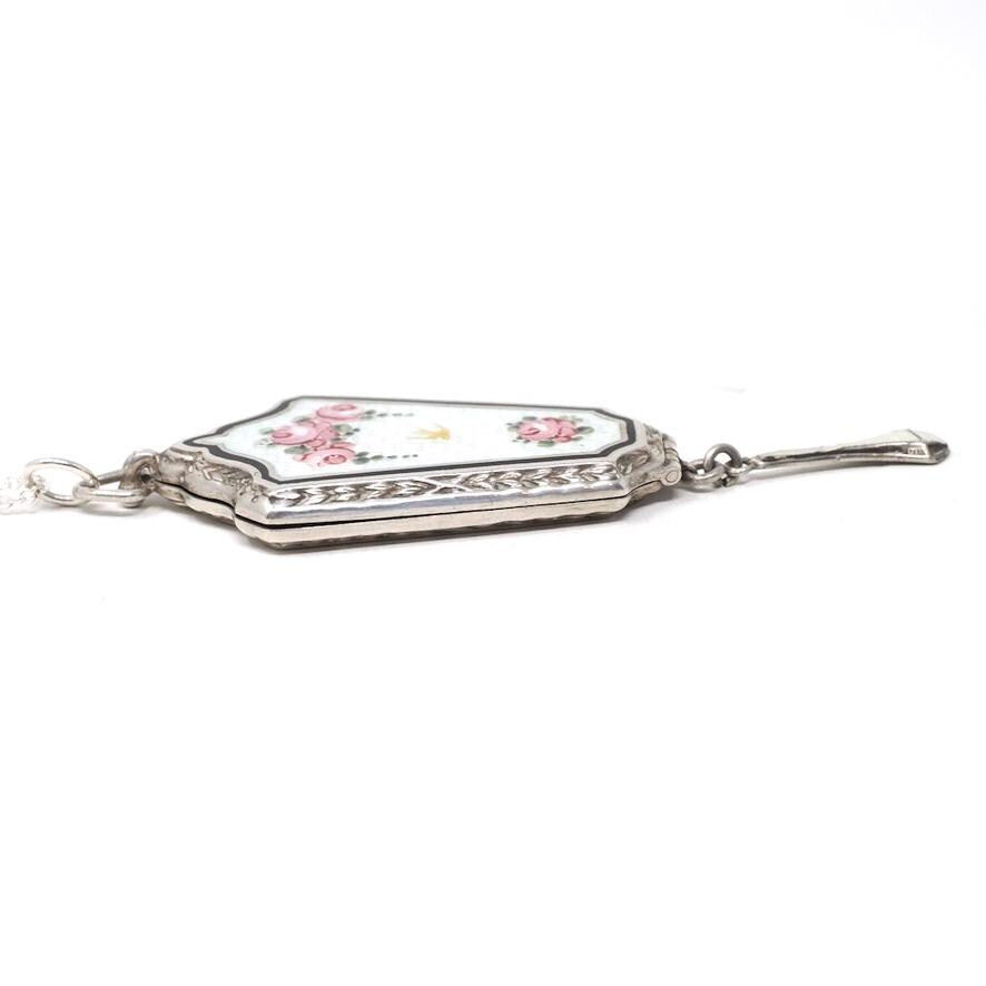 Antique Flower Locket - Art Deco Sterling Silver Floral & Bird Guilloche Enamel Necklace Pendant - Circa 1920s Rose Tassel Keepsake Jewelry