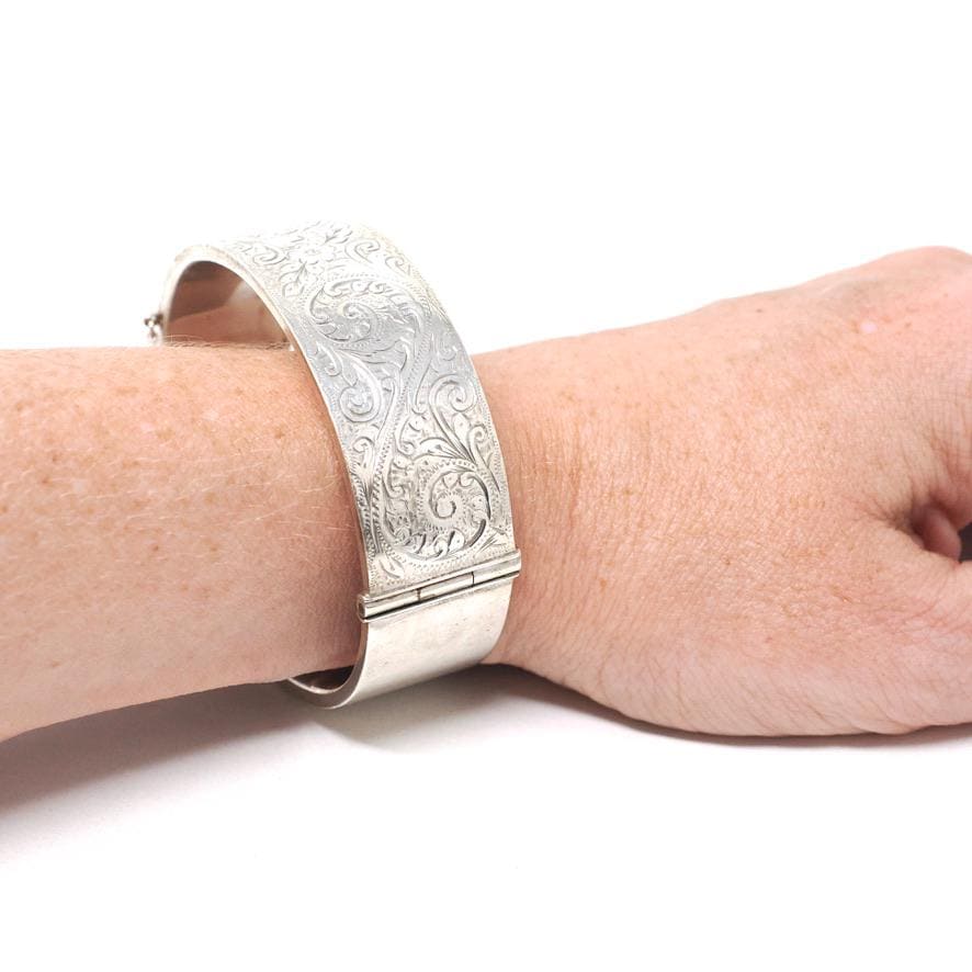 Antique Floral Bangle - Art Deco Sterling Silver Engraved Nature Leaf Designs - Hallmarked 1938 Wide Stacking Hinged Birmingham Jewelry