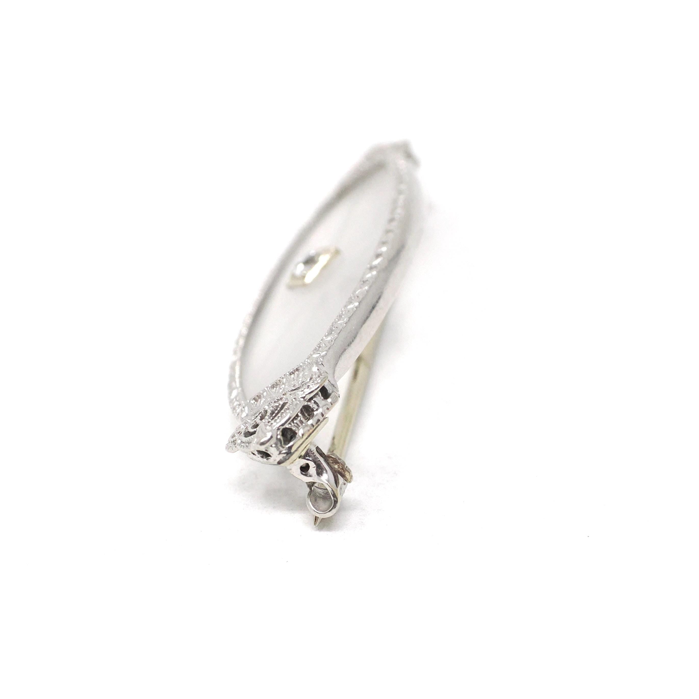 Art Deco Brooch - Vintage 14k White Gold Marquise Filigree & .06 CT Natural Diamond Pin - Circa 1930s Era Rock Crystal Quartz Fine Jewelry