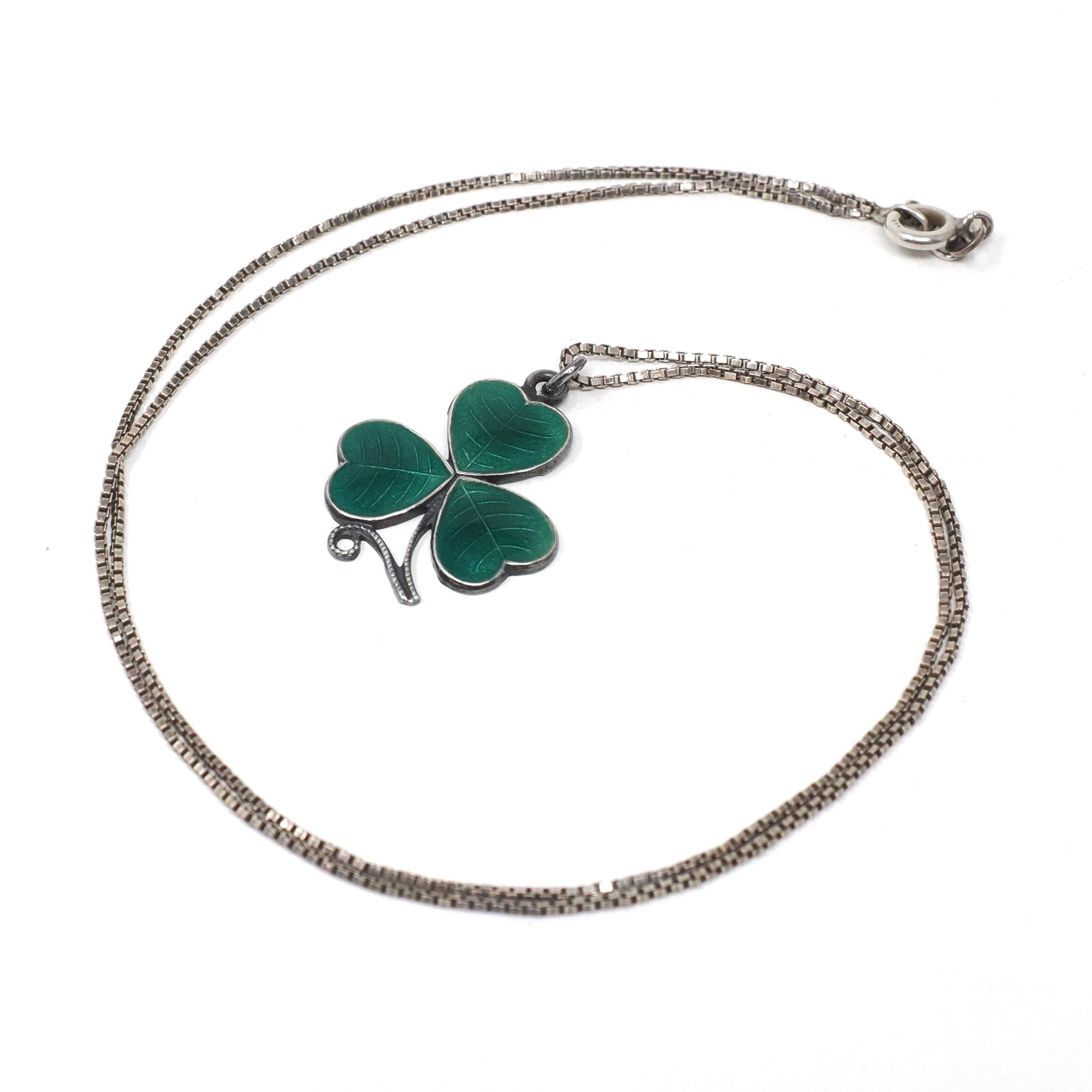 Vintage Shamrock Necklace - Mid Century Sterling Silver Green Enamel Clover Pendant - Circa 1940s Three Leaf Wood Sorrel Good Luck Jewelry