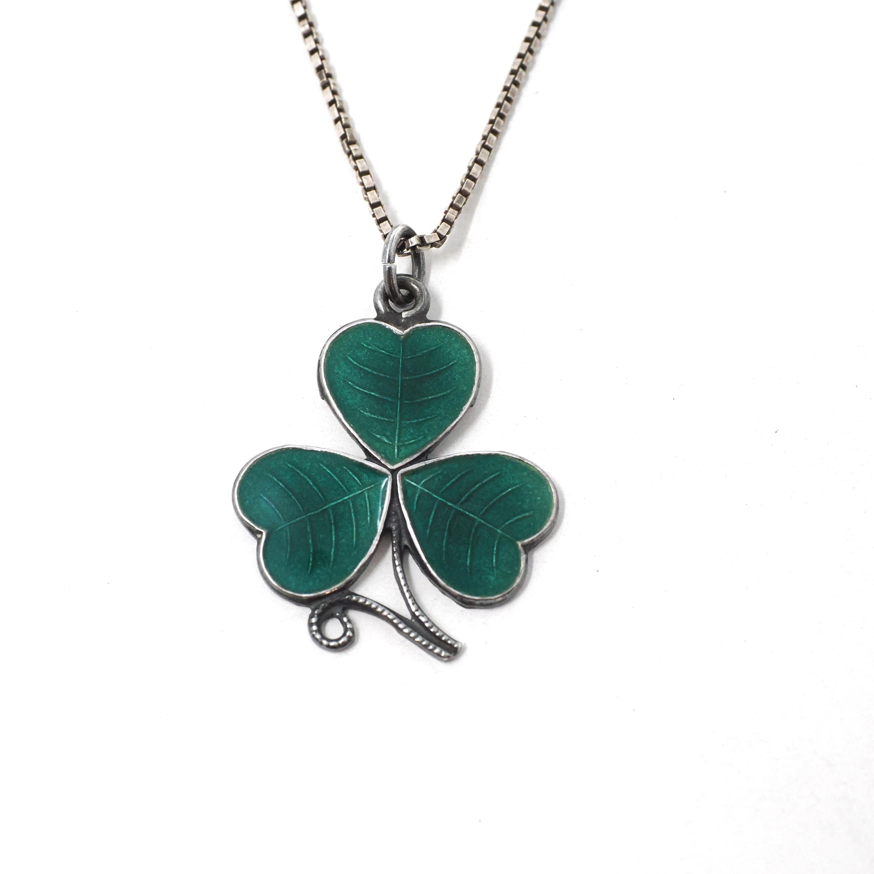 Vintage Shamrock Necklace - Mid Century Sterling Silver Green Enamel Clover Pendant - Circa 1940s Three Leaf Wood Sorrel Good Luck Jewelry