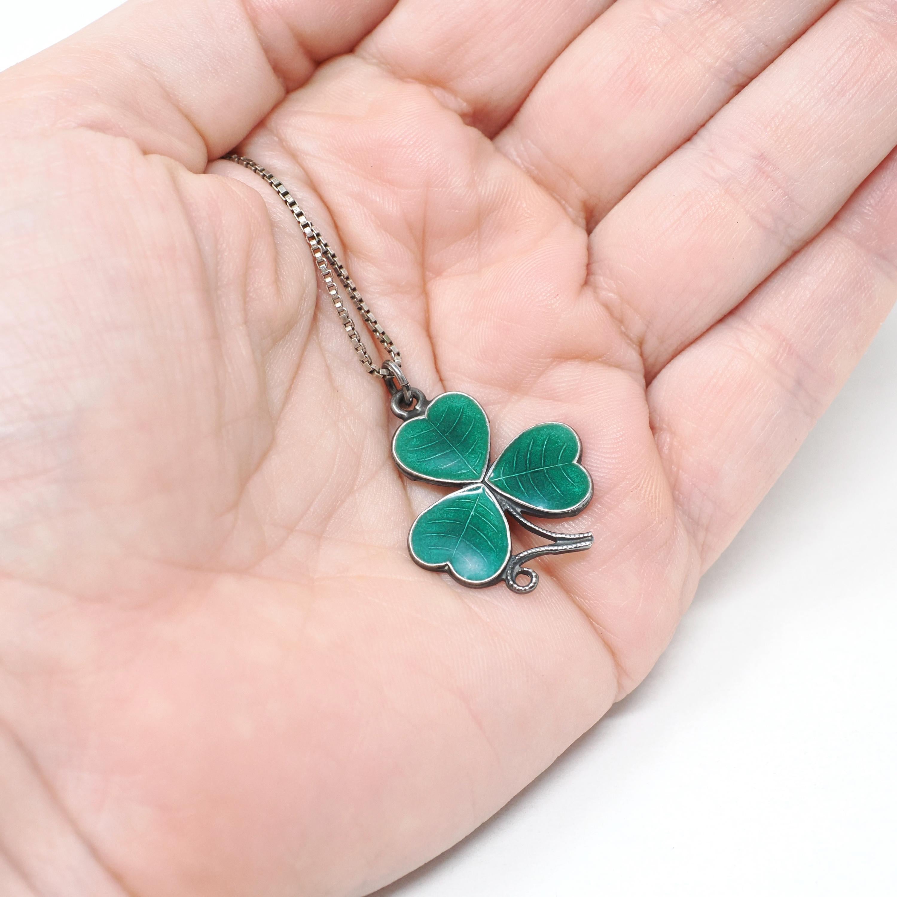 Vintage Shamrock Necklace - Mid Century Sterling Silver Green Enamel Clover Pendant - Circa 1940s Three Leaf Wood Sorrel Good Luck Jewelry