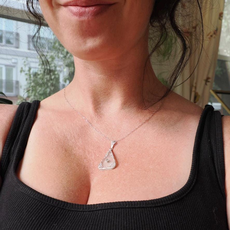 Rock Crystal Quartz Necklace - Art Deco 14k White Gold Oval Natural Diamond Pendant - Antique Circa 1930s Statement Filigree Fine Jewelry