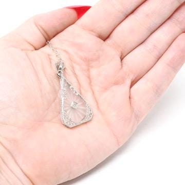 Rock Crystal Quartz Necklace - Art Deco 14k White Gold Oval Natural Diamond Pendant - Antique Circa 1930s Statement Filigree Fine Jewelry