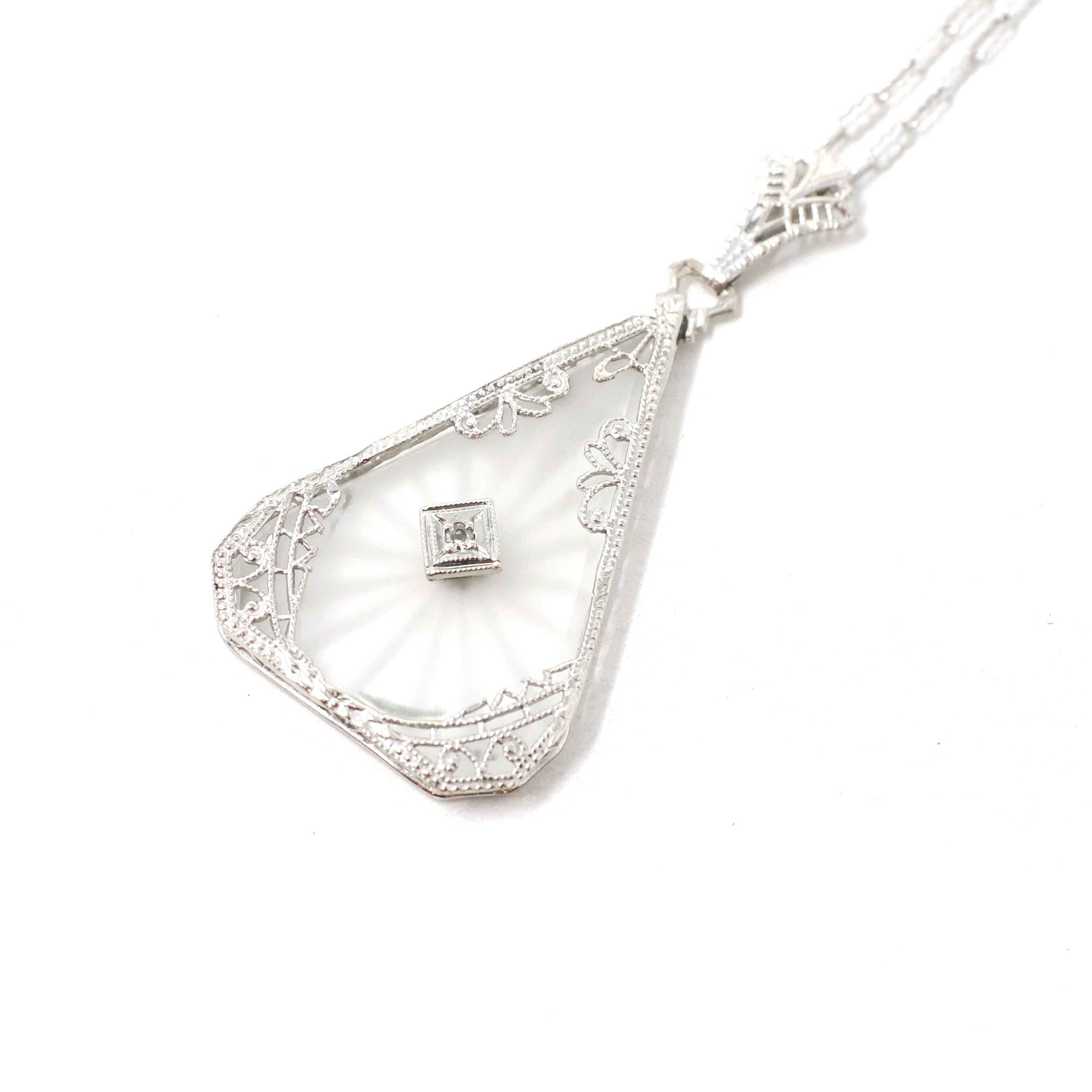 Rock Crystal Quartz Necklace - Art Deco 14k White Gold Oval Natural Diamond Pendant - Antique Circa 1930s Statement Filigree Fine Jewelry