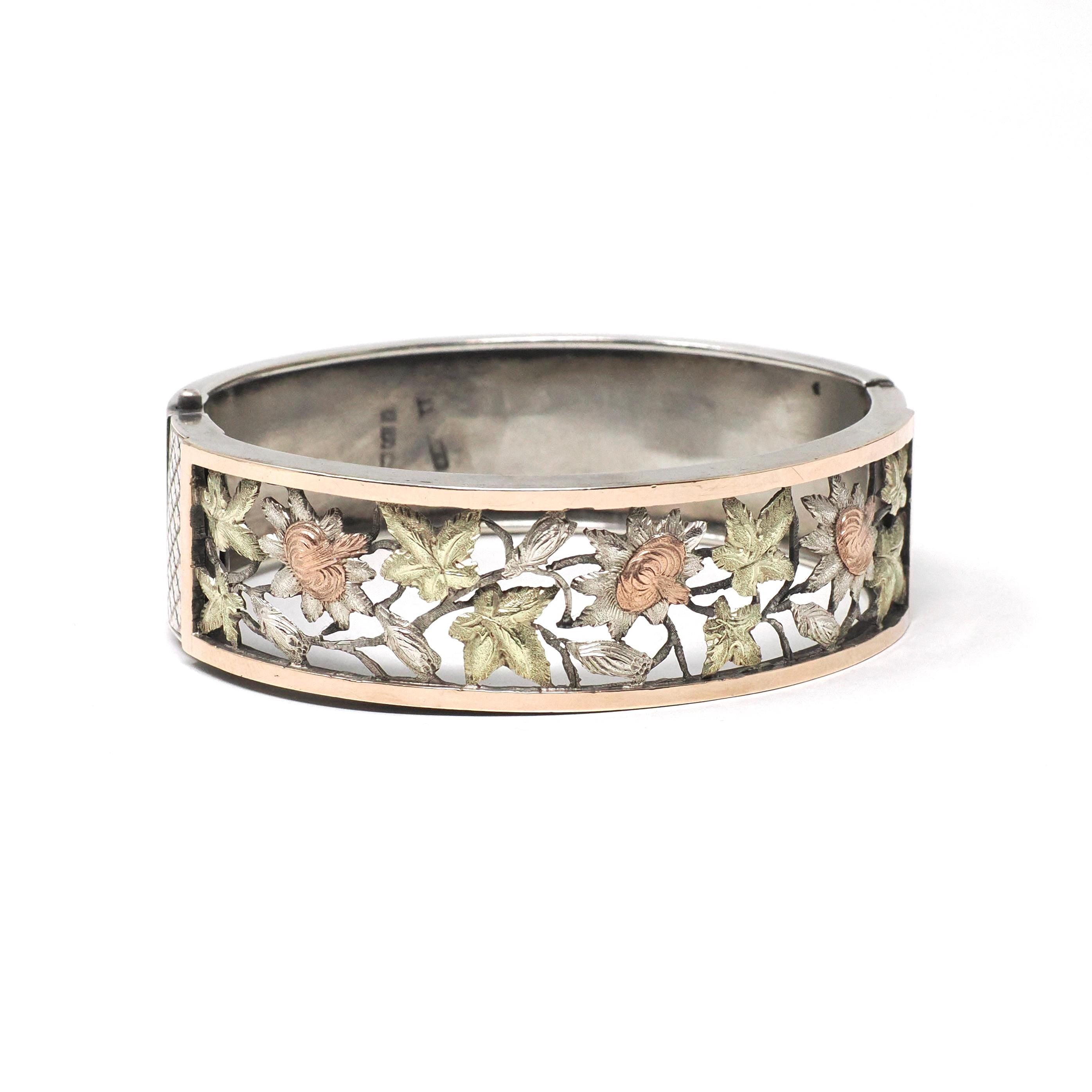 Antique Floral Bangle - Victorian Sterling Silver Pierced Floral Tri Tone Bracelet - Circa 1880s Rose & Yellow Gold Accented Fashion Jewelry