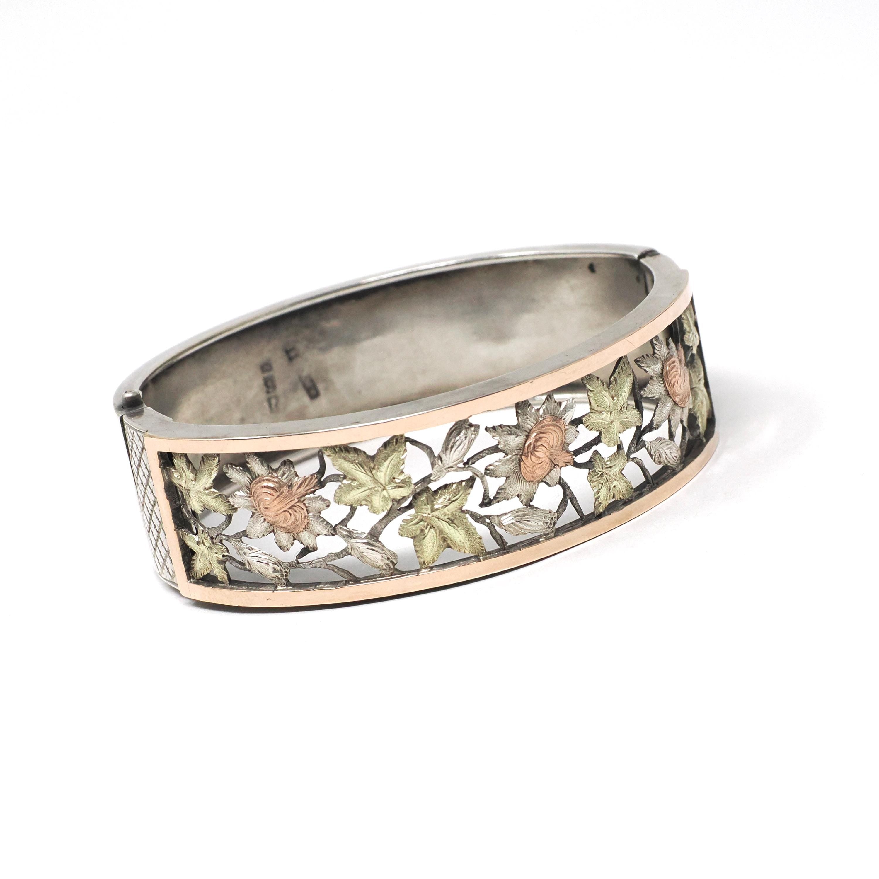 Antique Floral Bangle - Victorian Sterling Silver Pierced Floral Tri Tone Bracelet - Circa 1880s Rose & Yellow Gold Accented Fashion Jewelry