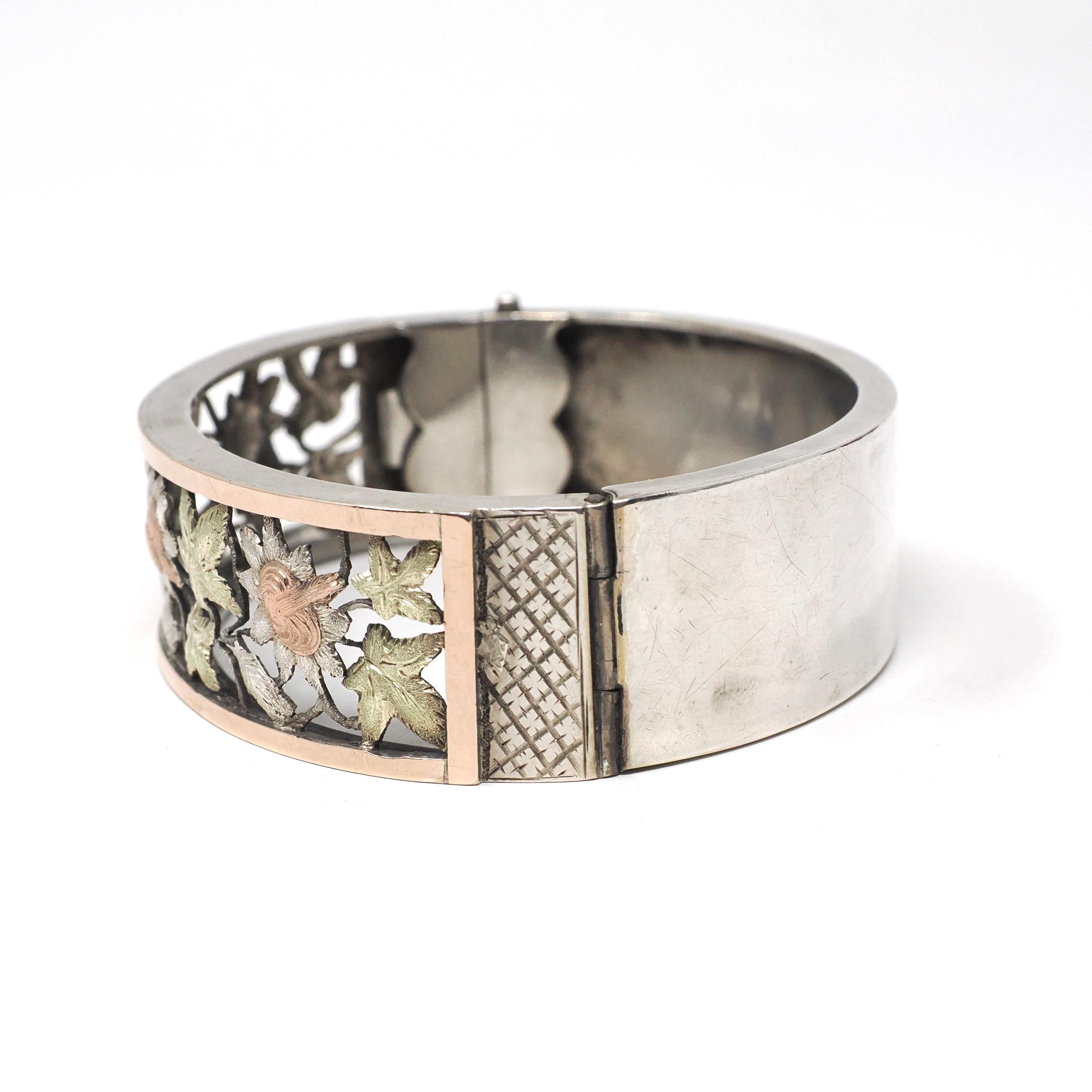 Antique Floral Bangle - Victorian Sterling Silver Pierced Floral Tri Tone Bracelet - Circa 1880s Rose & Yellow Gold Accented Fashion Jewelry