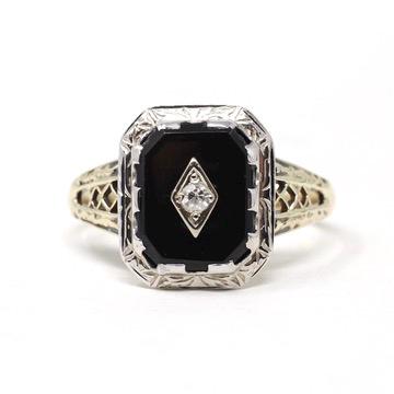 Vintage Onyx Ring - Art Deco 10k Yellow & White Gold Black Gemstone .03 CT Diamond Filigree - Circa 1930s Size 8 1/4 Two Tone Fine Jewelry