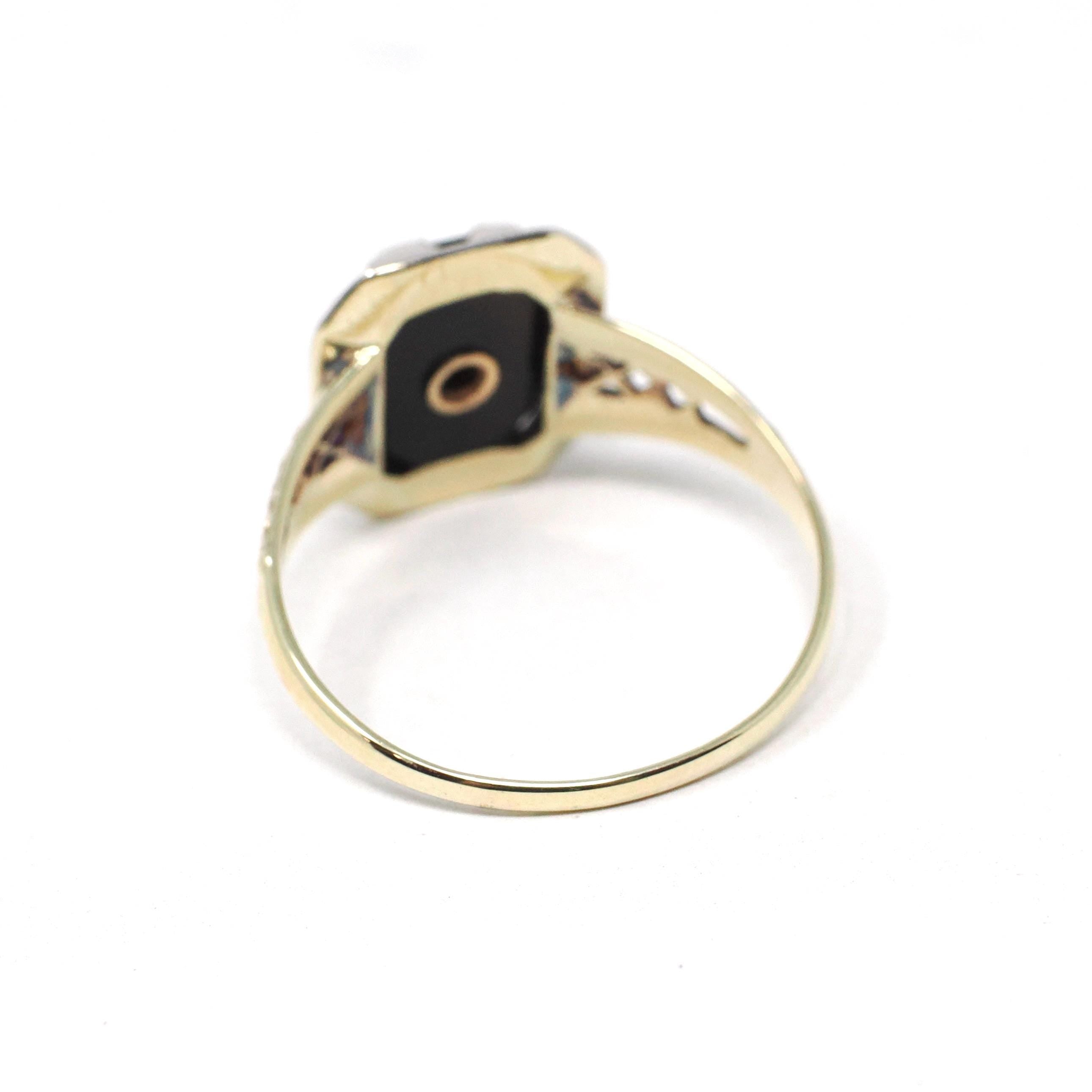 Vintage Onyx Ring - Art Deco 10k Yellow & White Gold Black Gemstone .03 CT Diamond Filigree - Circa 1930s Size 8 1/4 Two Tone Fine Jewelry