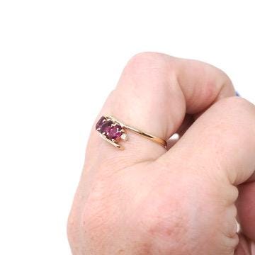 Ruby Bypass Ring - Estate 14k Yellow Gold .72 CTW Oval Pink Gems - Modern Circa 1990s Era Diamond Accented Size 5 1/4 Fine Statement Jewelry