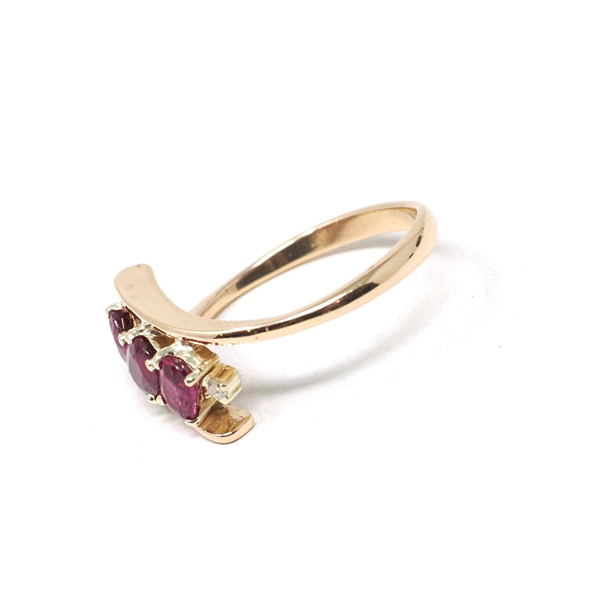Ruby Bypass Ring - Estate 14k Yellow Gold .72 CTW Oval Pink Gems - Modern Circa 1990s Era Diamond Accented Size 5 1/4 Fine Statement Jewelry