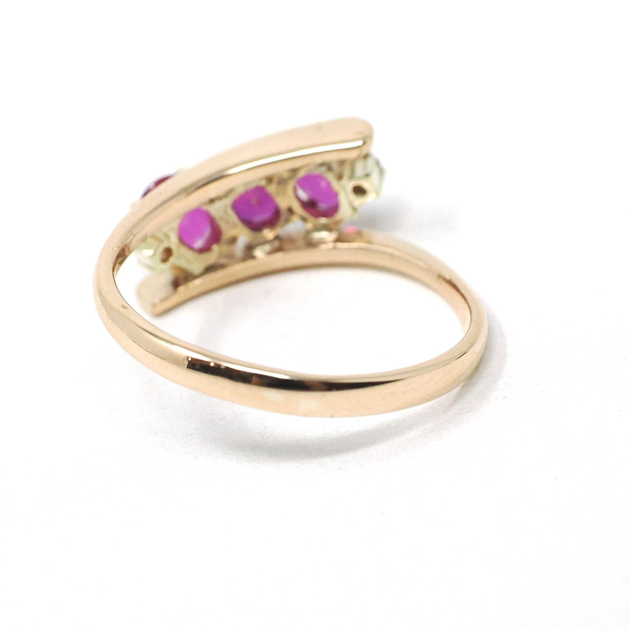 Ruby Bypass Ring - Estate 14k Yellow Gold .72 CTW Oval Pink Gems - Modern Circa 1990s Era Diamond Accented Size 5 1/4 Fine Statement Jewelry