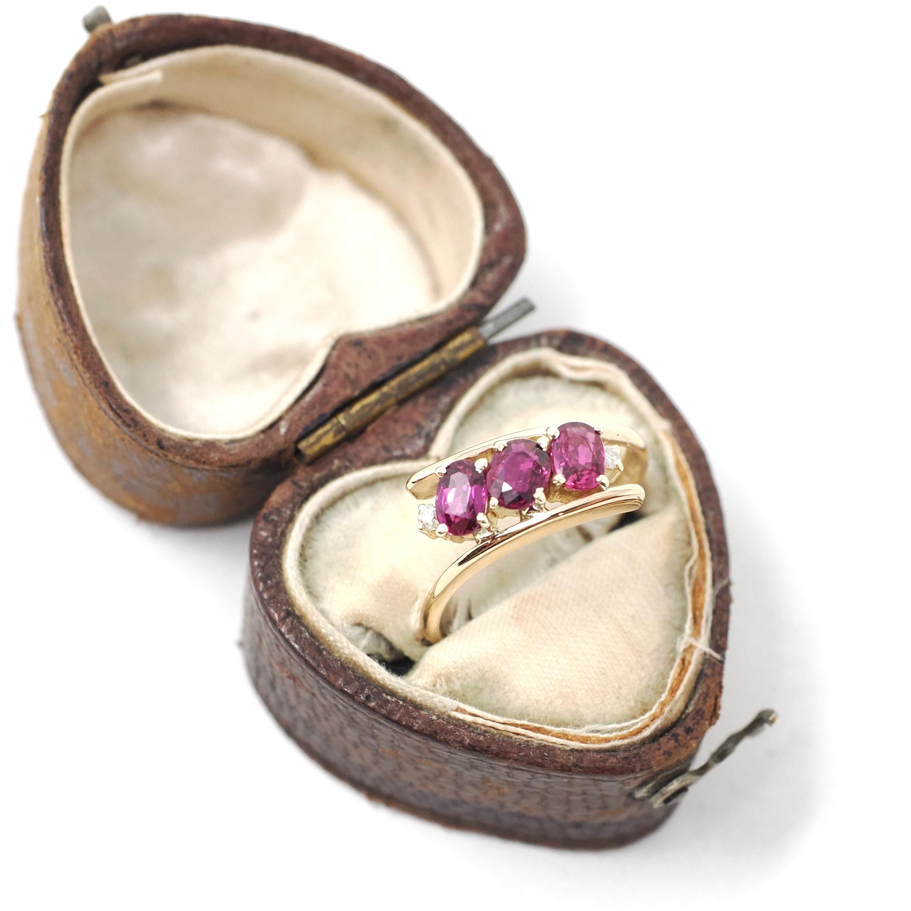 Ruby Bypass Ring - Estate 14k Yellow Gold .72 CTW Oval Pink Gems - Modern Circa 1990s Era Diamond Accented Size 5 1/4 Fine Statement Jewelry