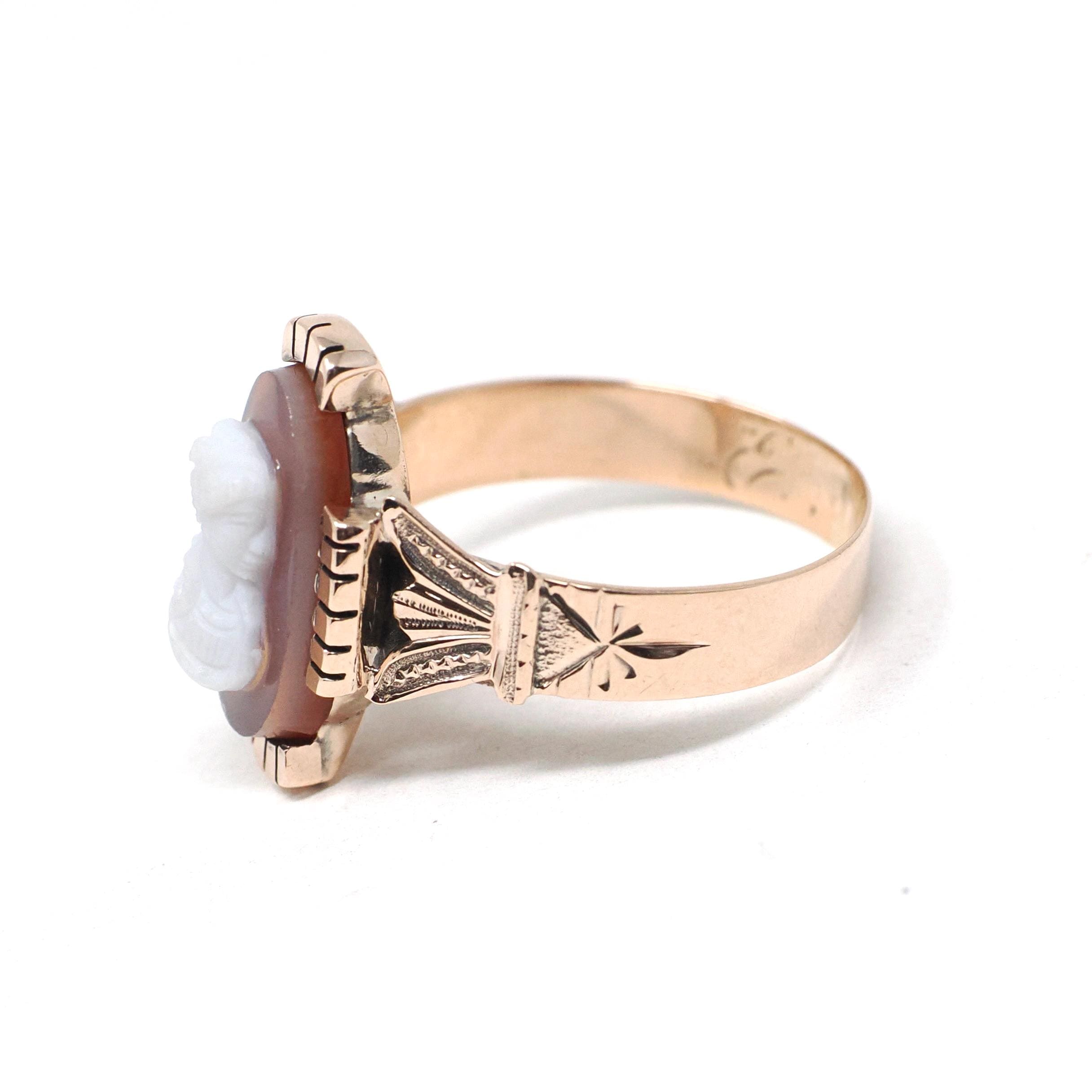 Antique Cameo Ring - Victorian 10k Rose Gold Carved Brown White Sardonyx Gemstone - Circa 1890 Size 6.75 Neoclassical Statement Fine Jewelry