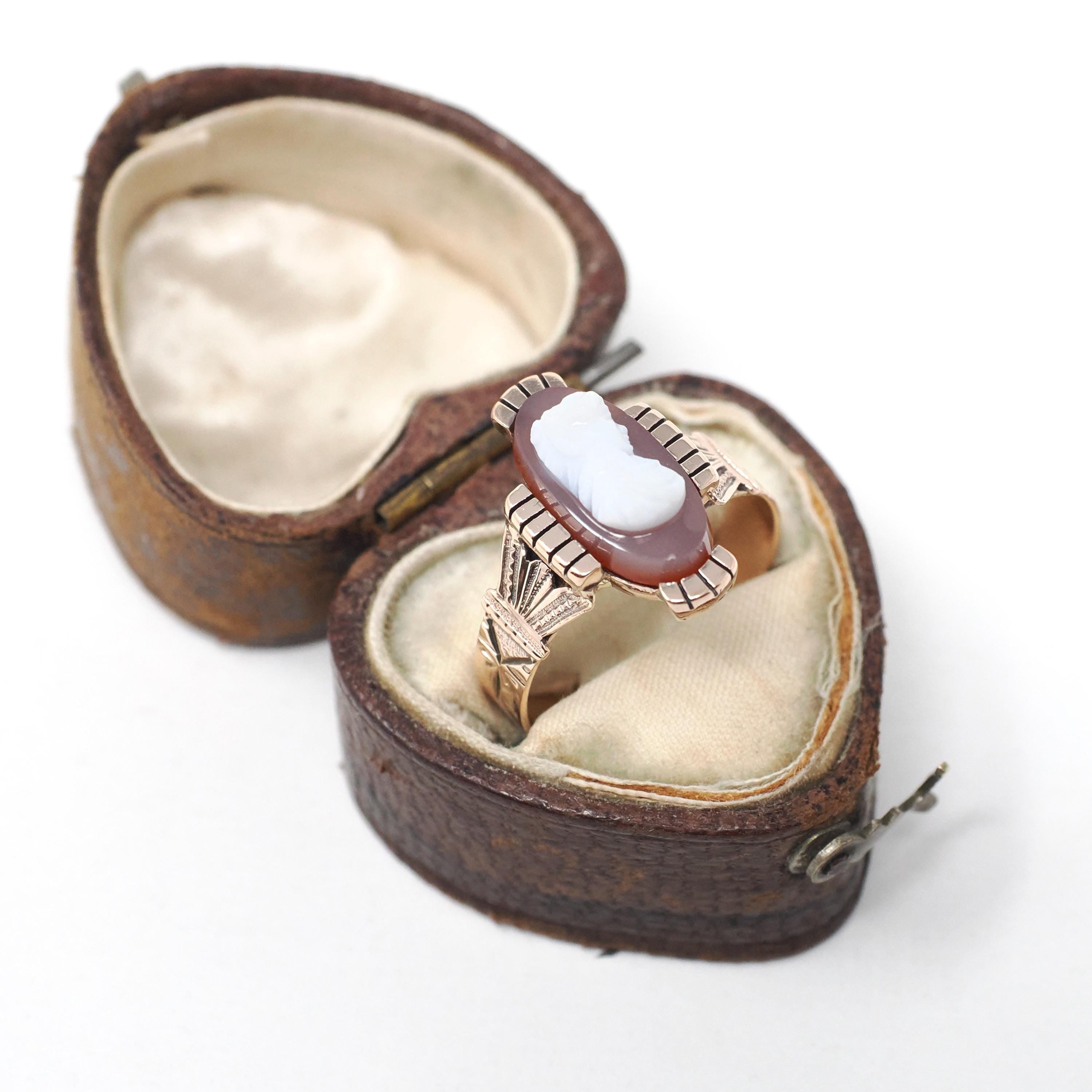 Antique Cameo Ring - Victorian 10k Rose Gold Carved Brown White Sardonyx Gemstone - Circa 1890 Size 6.75 Neoclassical Statement Fine Jewelry