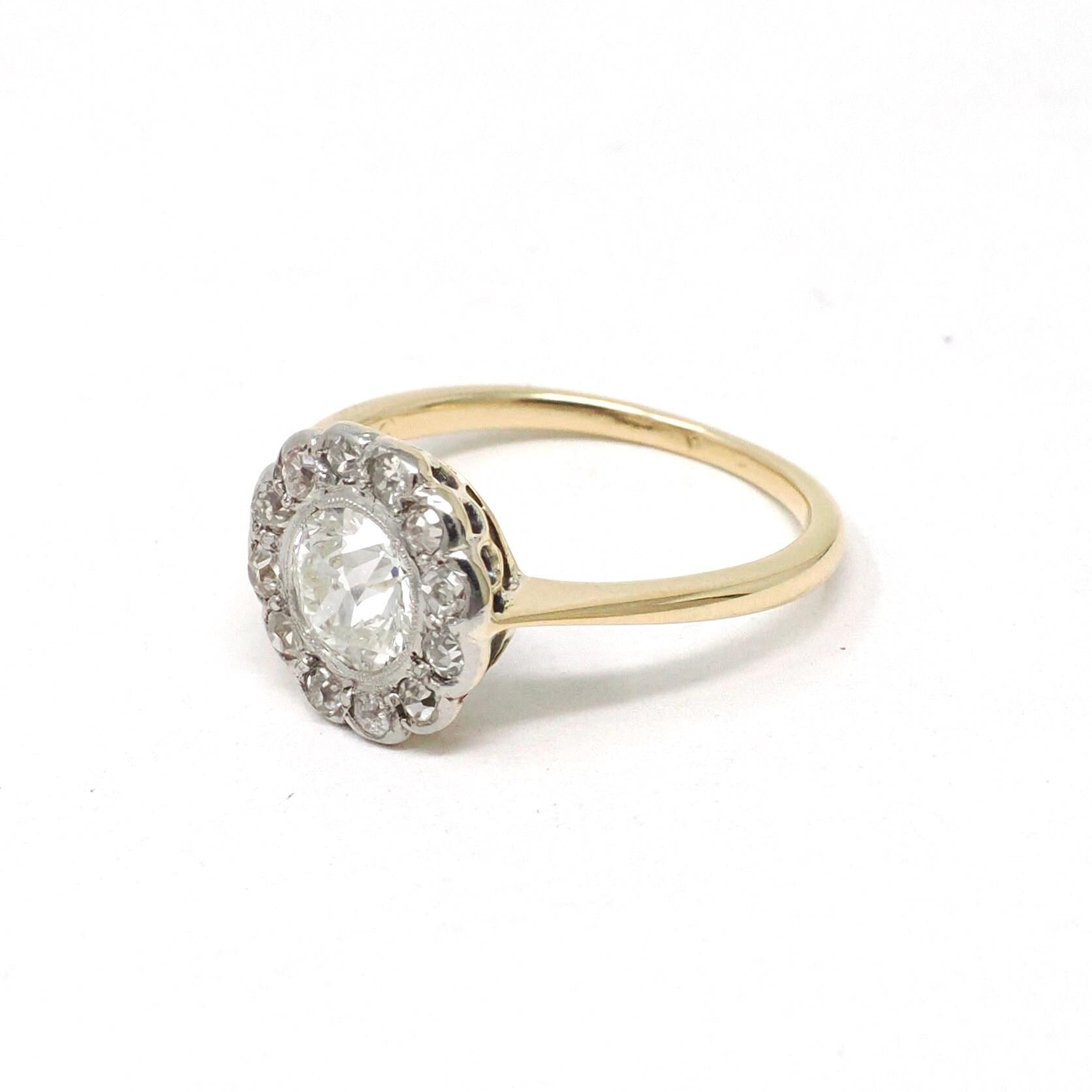 Antique Diamond Flower Ring - Edwardian Era 18k Yellow Gold Platinum 1.07 CTW Natural Gems - Circa 1910s Size 6.5 Two Tone Halo Fine Jewelry