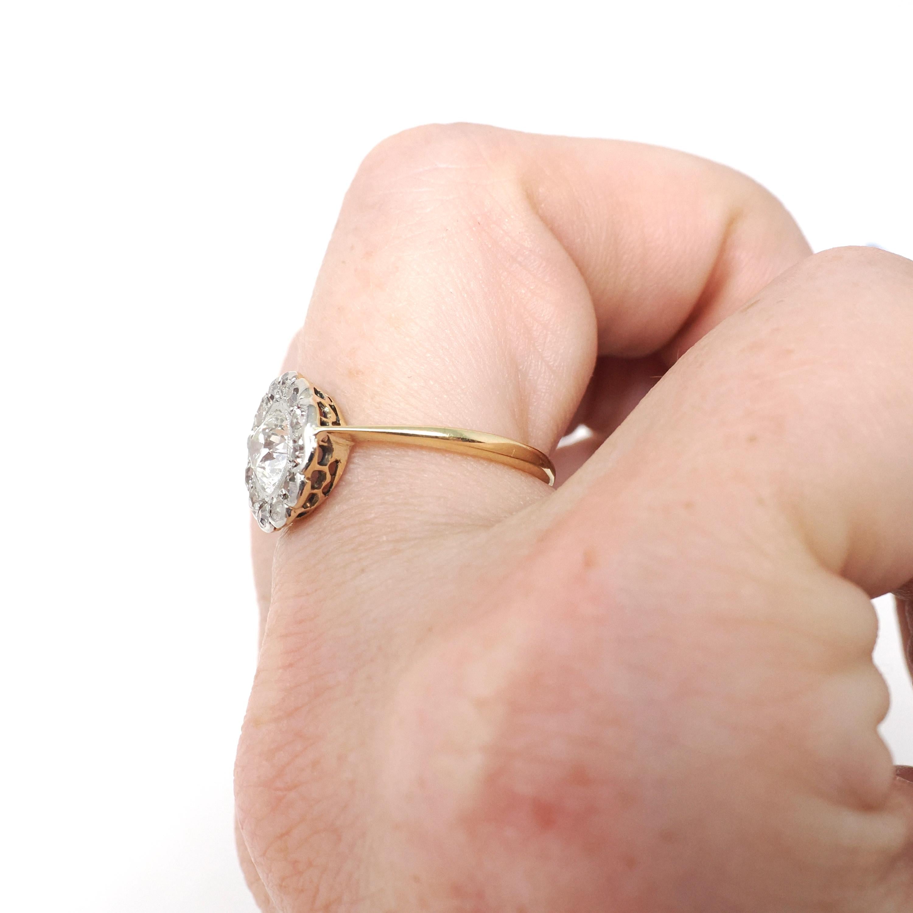 Antique Diamond Flower Ring - Edwardian Era 18k Yellow Gold Platinum 1.07 CTW Natural Gems - Circa 1910s Size 6.5 Two Tone Halo Fine Jewelry