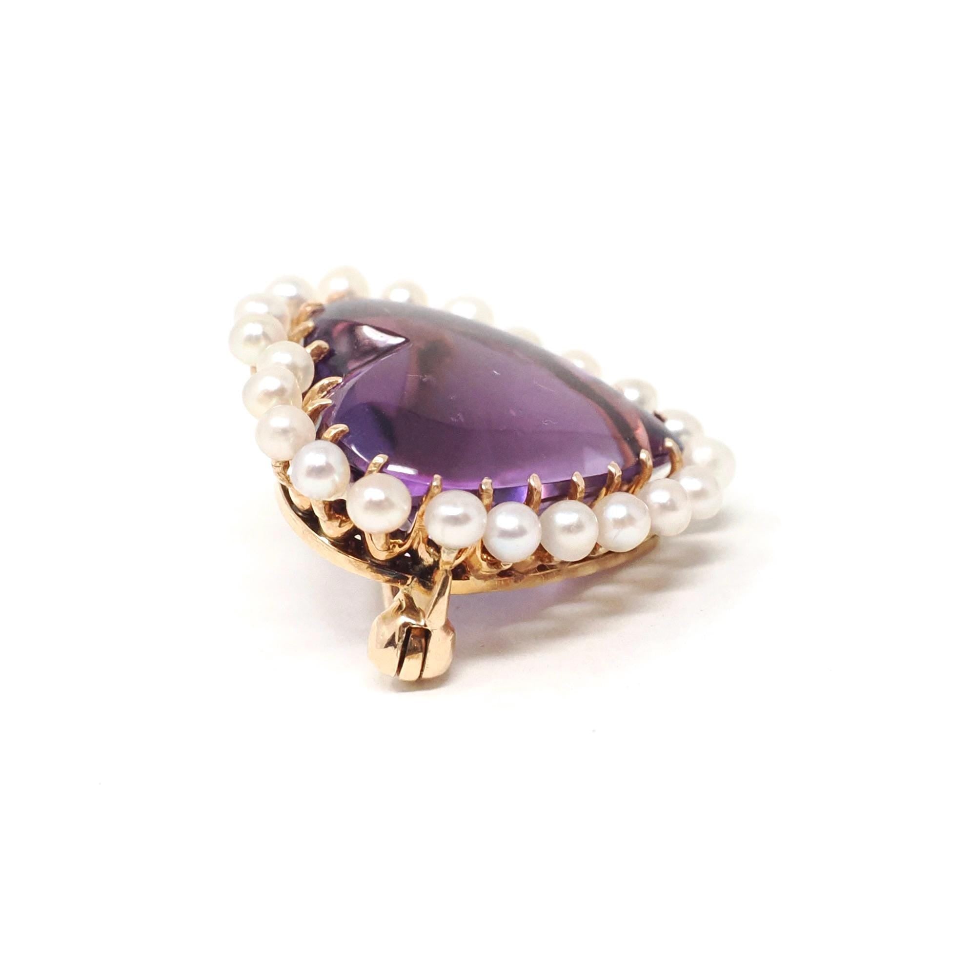 Vintage Heart Brooch - Mid Century 14k Yellow Gold Purple Amethyst & Seed Pearl Halo Pin - Circa 1940s February June Birthstone Fine Jewelry