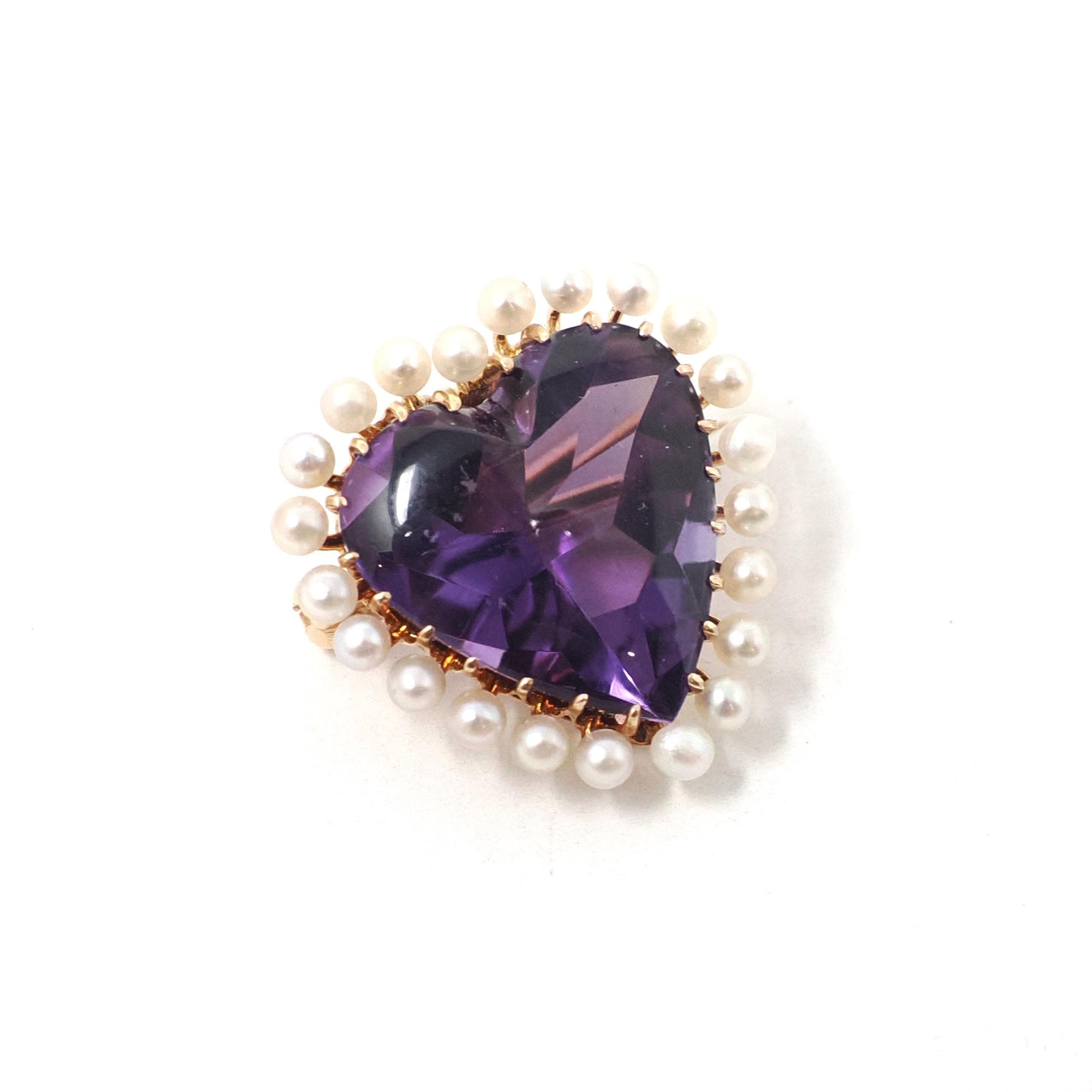 Vintage Heart Brooch - Mid Century 14k Yellow Gold Purple Amethyst & Seed Pearl Halo Pin - Circa 1940s February June Birthstone Fine Jewelry