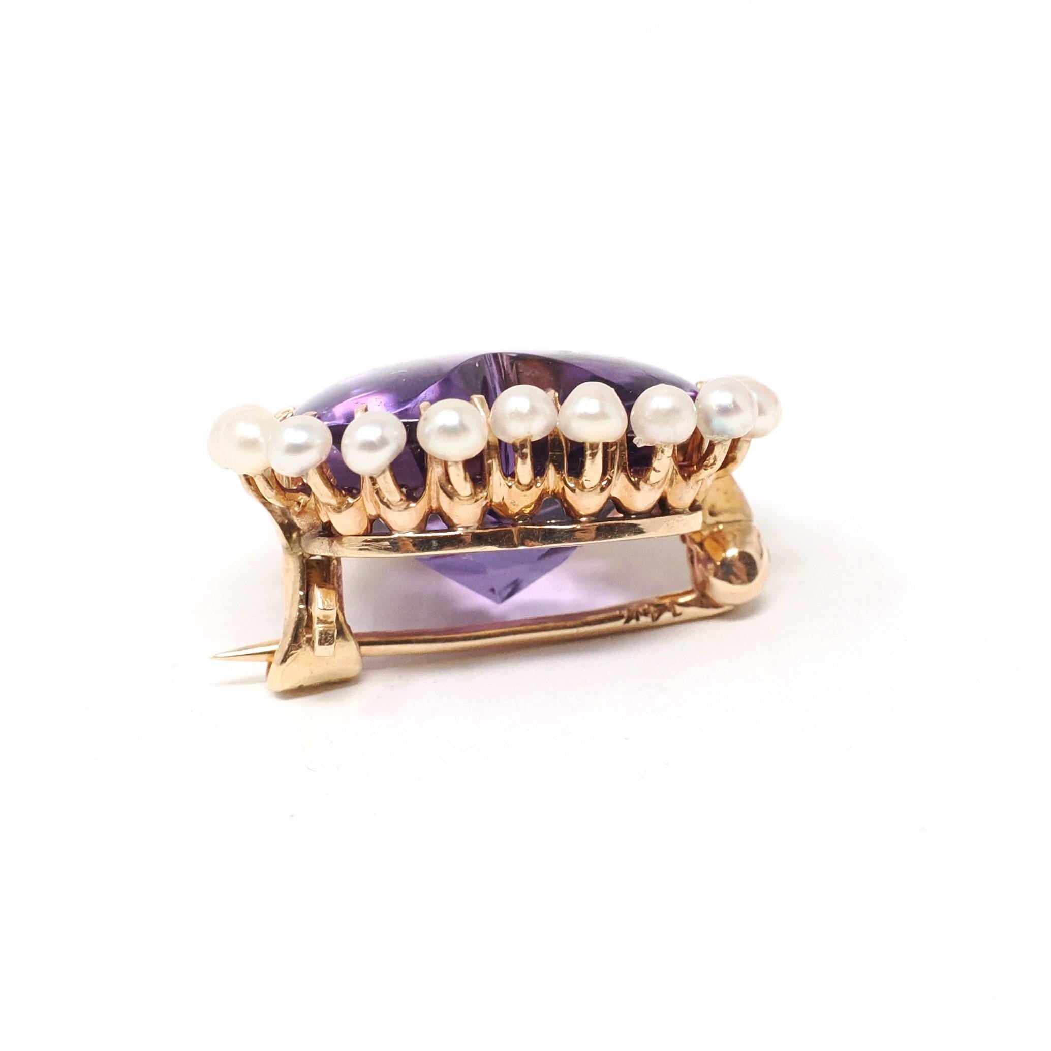 Vintage Heart Brooch - Mid Century 14k Yellow Gold Purple Amethyst & Seed Pearl Halo Pin - Circa 1940s February June Birthstone Fine Jewelry