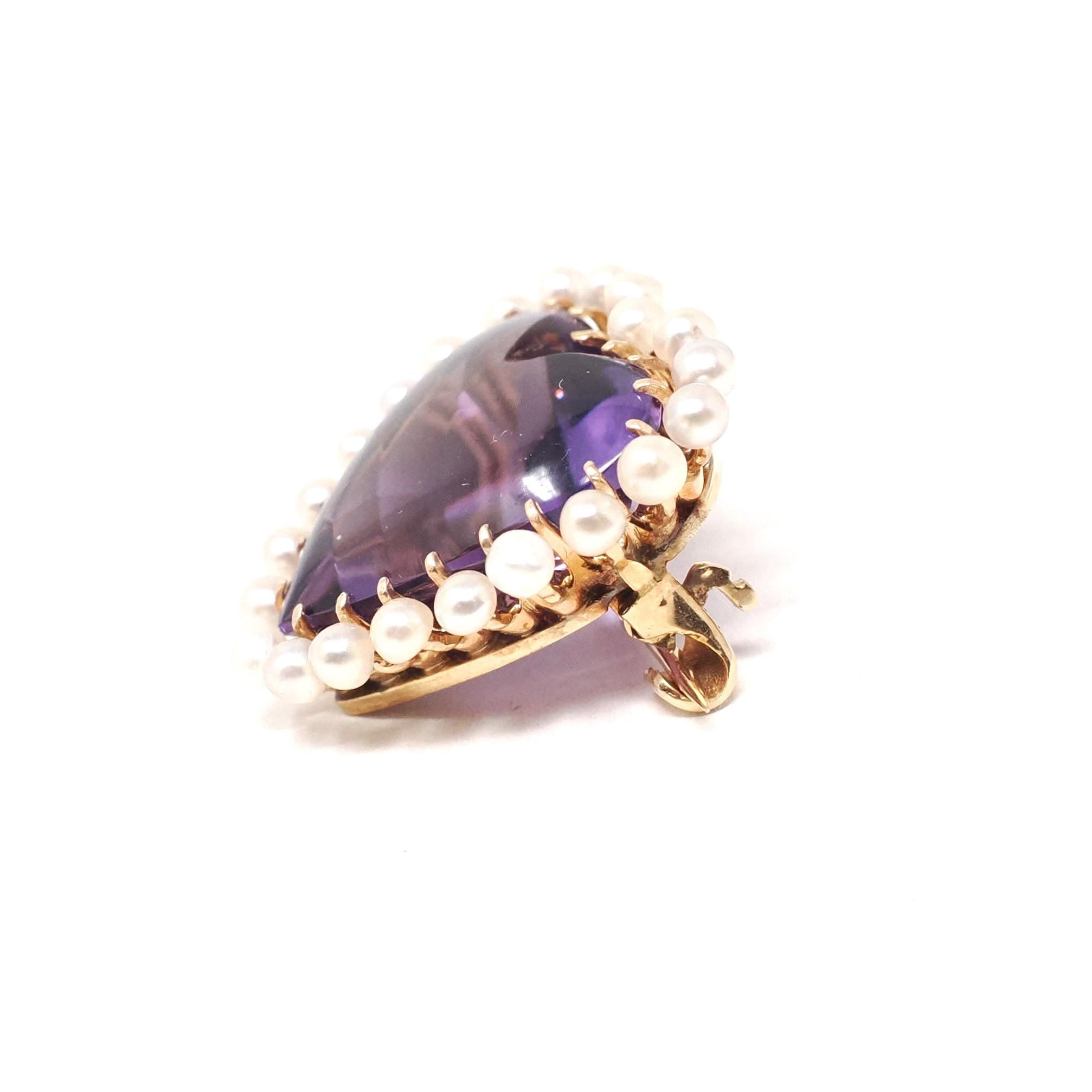 Vintage Heart Brooch - Mid Century 14k Yellow Gold Purple Amethyst & Seed Pearl Halo Pin - Circa 1940s February June Birthstone Fine Jewelry