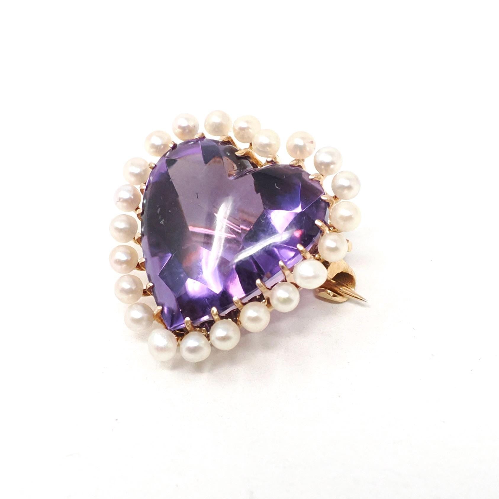Vintage Heart Brooch - Mid Century 14k Yellow Gold Purple Amethyst & Seed Pearl Halo Pin - Circa 1940s February June Birthstone Fine Jewelry