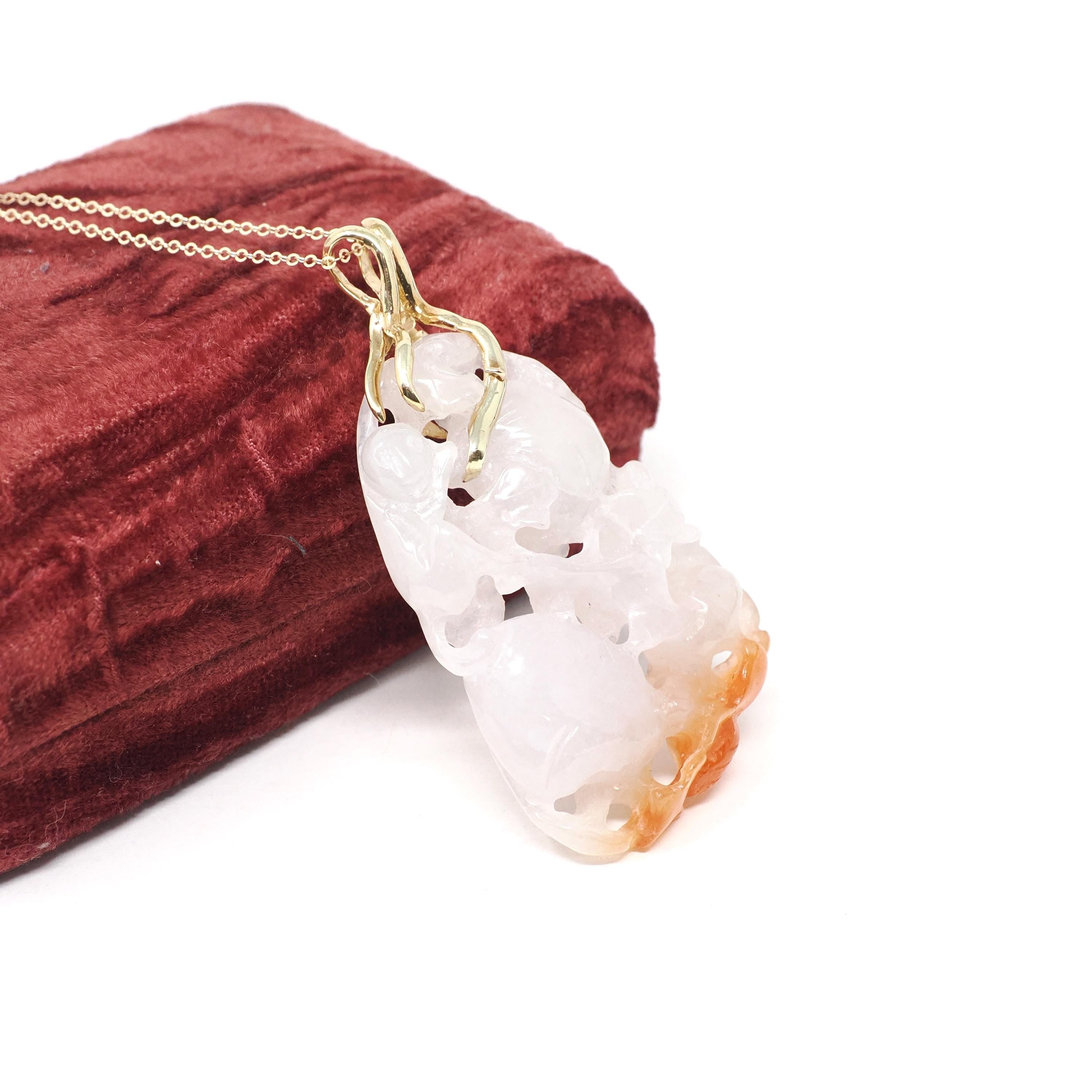 Carved Jadeite Pendant - Estate 14k Yellow Gold Orange & White Gemstone - Circa 2000s Fine Nature Inspired Leafy Branch Statement Jewelry