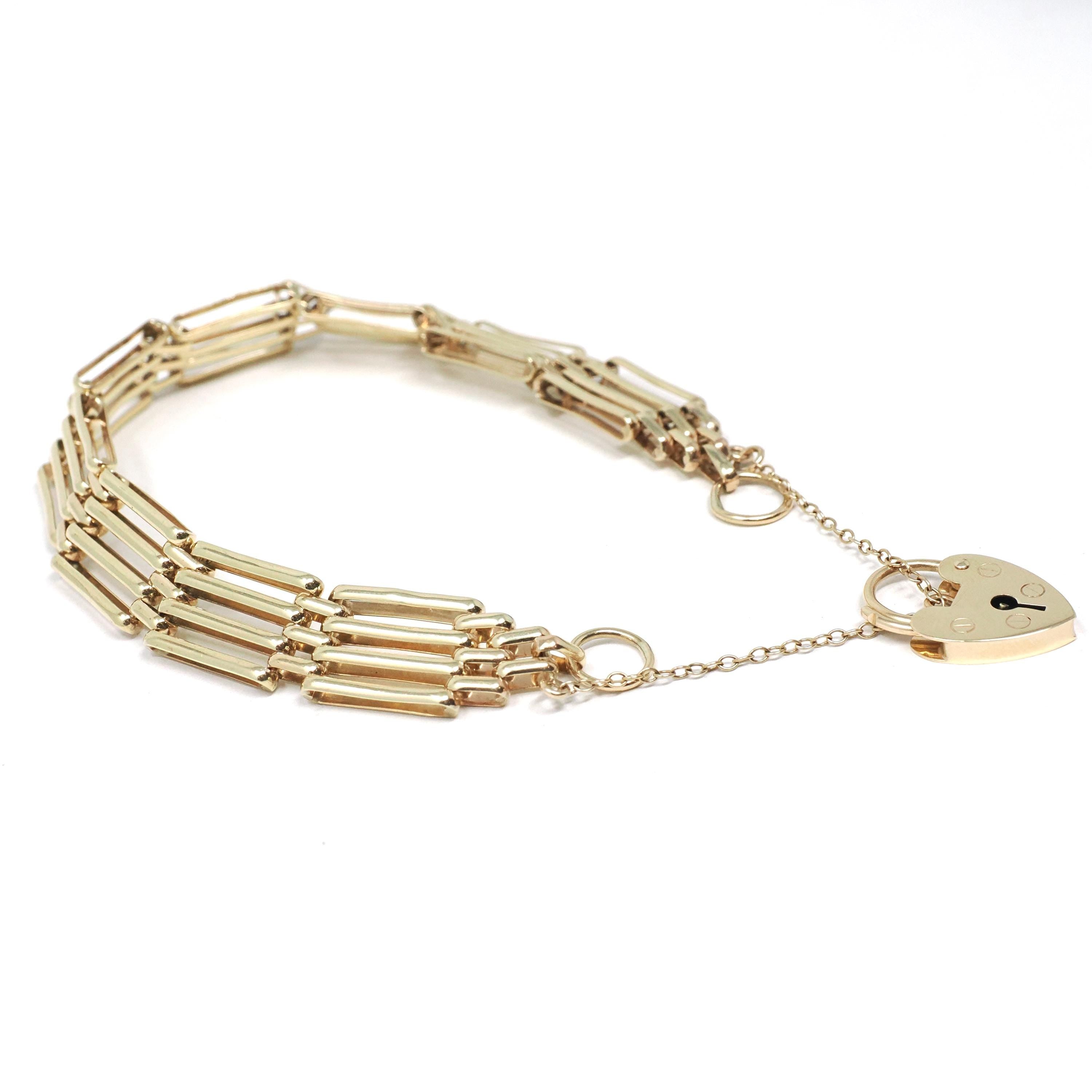 Vintage Padlock Bracelet - Retro Era 9ct Yellow Gold Heart Shaped Key Hole Charm Clasp - Hallmarked 1979 Fancy Link Style Chain Fine Jewelry