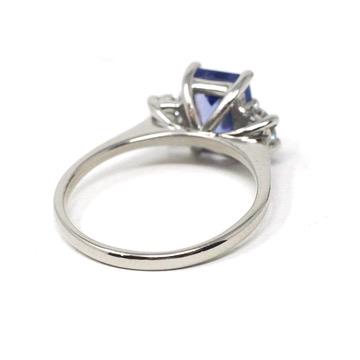 Tanzanite & Diamond Ring - Estate Platinum Natural Violet Blue Emerald Cut Gem Engagement - Modern Era Three Stone Size 6 1/2 Fine Jewelry