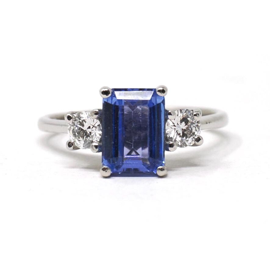 Tanzanite & Diamond Ring - Estate Platinum Natural Violet Blue Emerald Cut Gem Engagement - Modern Era Three Stone Size 6 1/2 Fine Jewelry