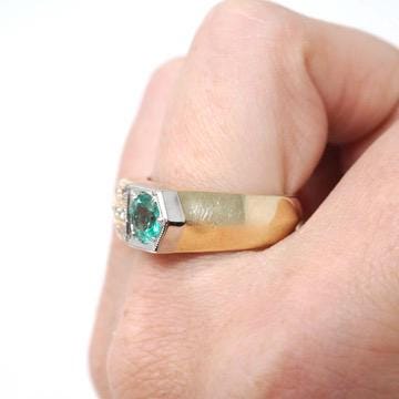 Emerald & Diamond Ring - Modern Era 14k Yellow Gold Platinum Natural Green Gemstone - Art Deco Style Size 8 1/4 Edward Petri Fine Jewelry