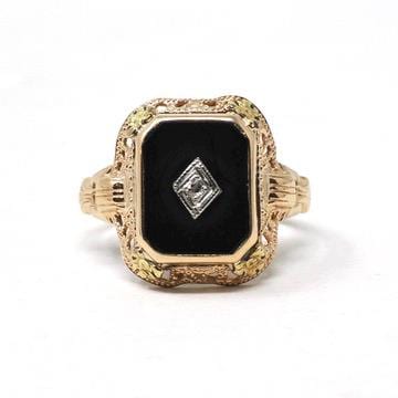 Vintage Onyx Ring - Art Deco 14k Yellow Gold Emerald Cut Natural Black Chalcedony Gem - Circa 1930s Era Size 5 3/4 Filigree Fine 30s Jewelry