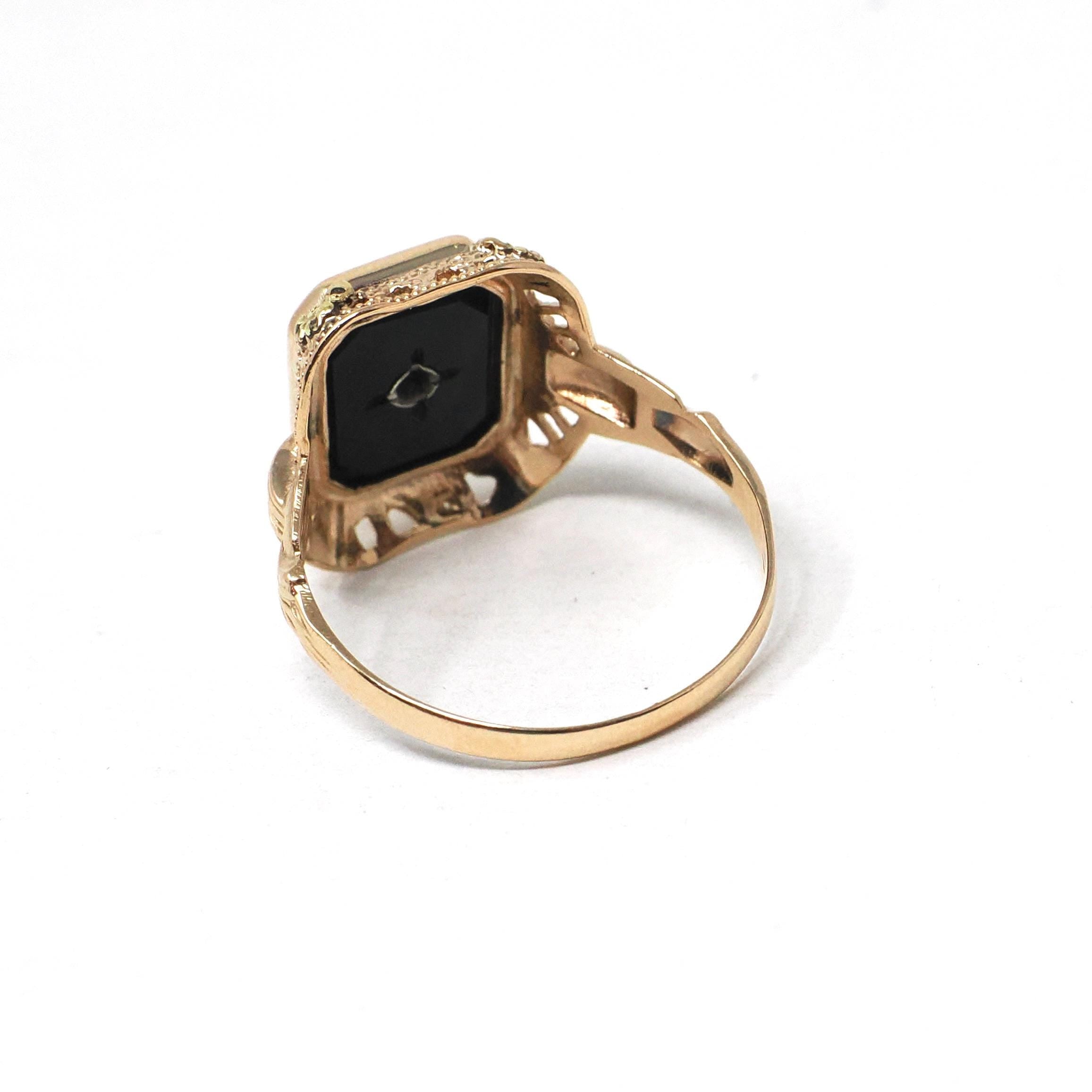 Vintage Onyx Ring - Art Deco 14k Yellow Gold Emerald Cut Natural Black Chalcedony Gem - Circa 1930s Era Size 5 3/4 Filigree Fine 30s Jewelry