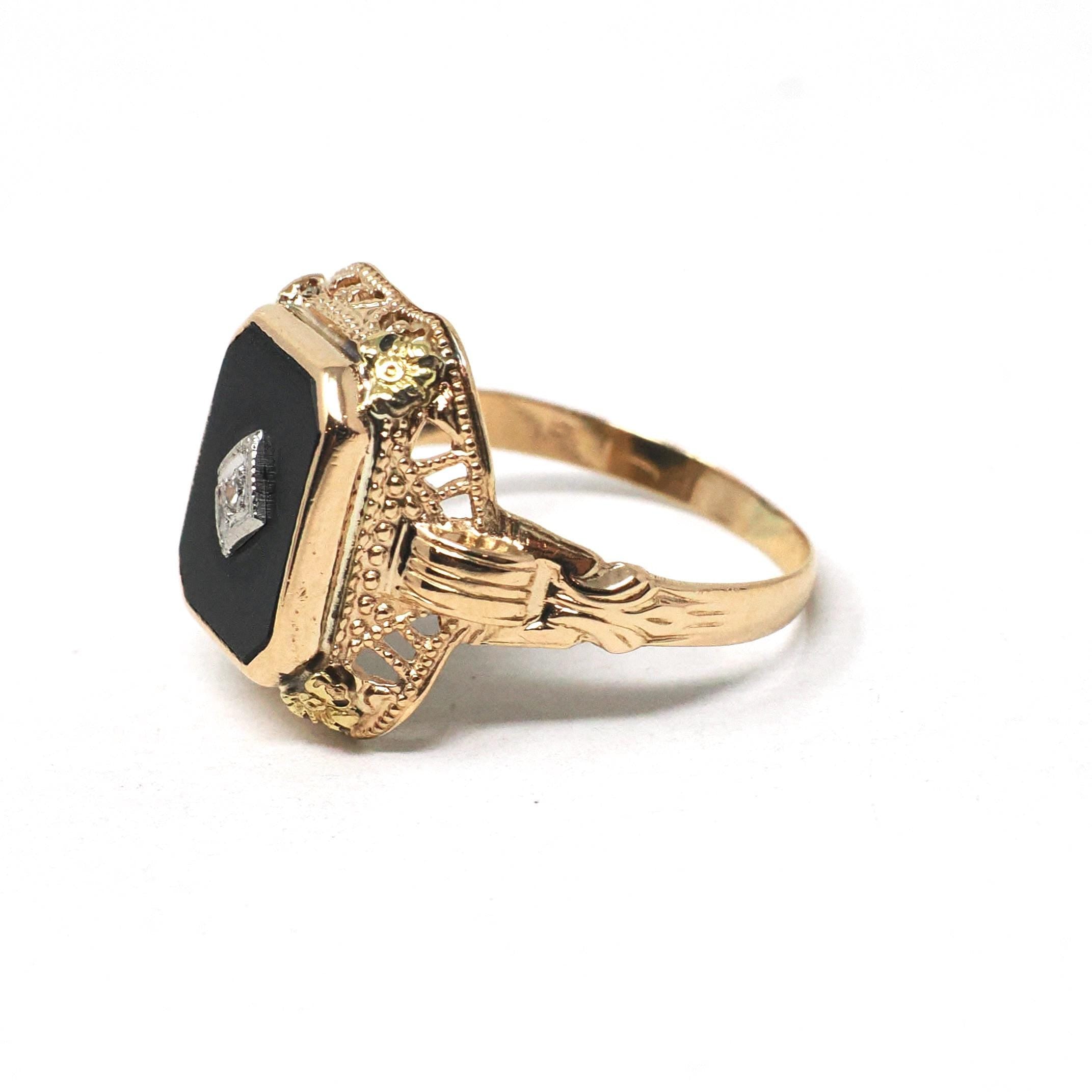 Vintage Onyx Ring - Art Deco 14k Yellow Gold Emerald Cut Natural Black Chalcedony Gem - Circa 1930s Era Size 5 3/4 Filigree Fine 30s Jewelry