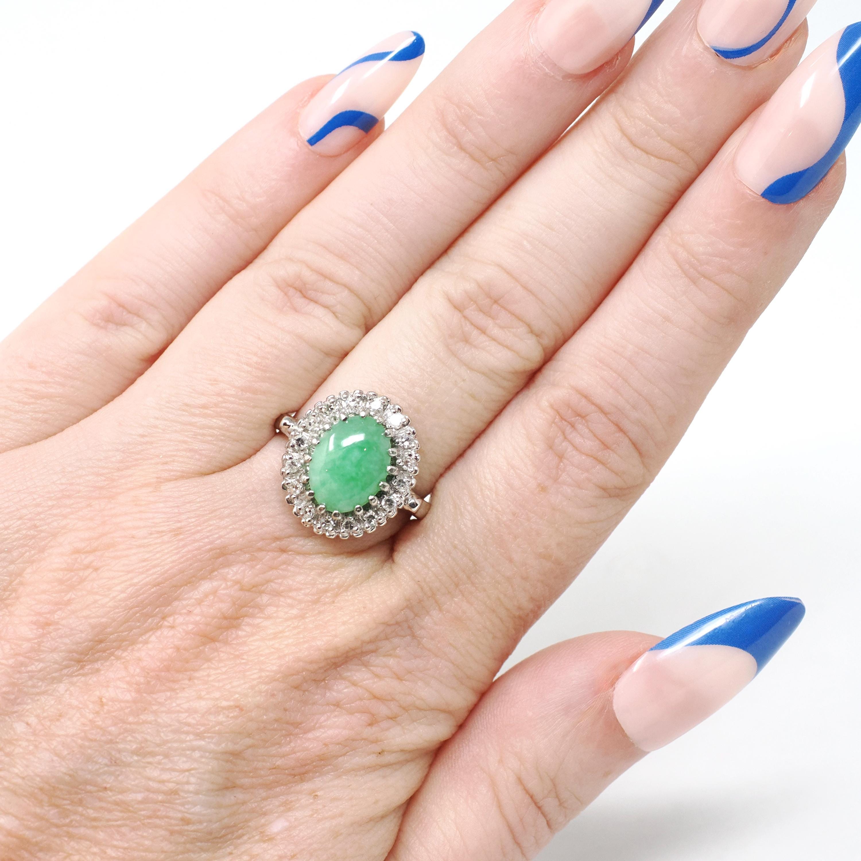 Vintage Jadeite Ring - Mid Century 14k White Gold Natural Green Cabochon Cut Gemstone - Circa 1960s Era Size 6 1/4 Diamond Halo Fine Jewelry