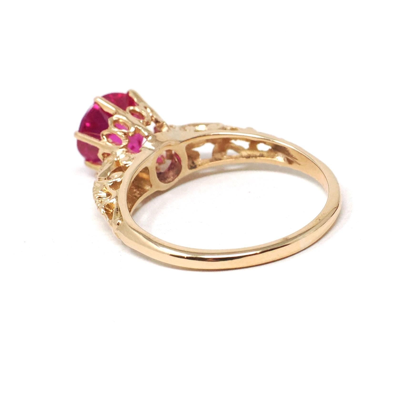 Created Ruby Ring - Art Deco 10k Yellow Gold Round Reddish Pink Filigree Solitaire - Circa 1930s Era Size 5 1/2 July Birthstone Fine Jewelry