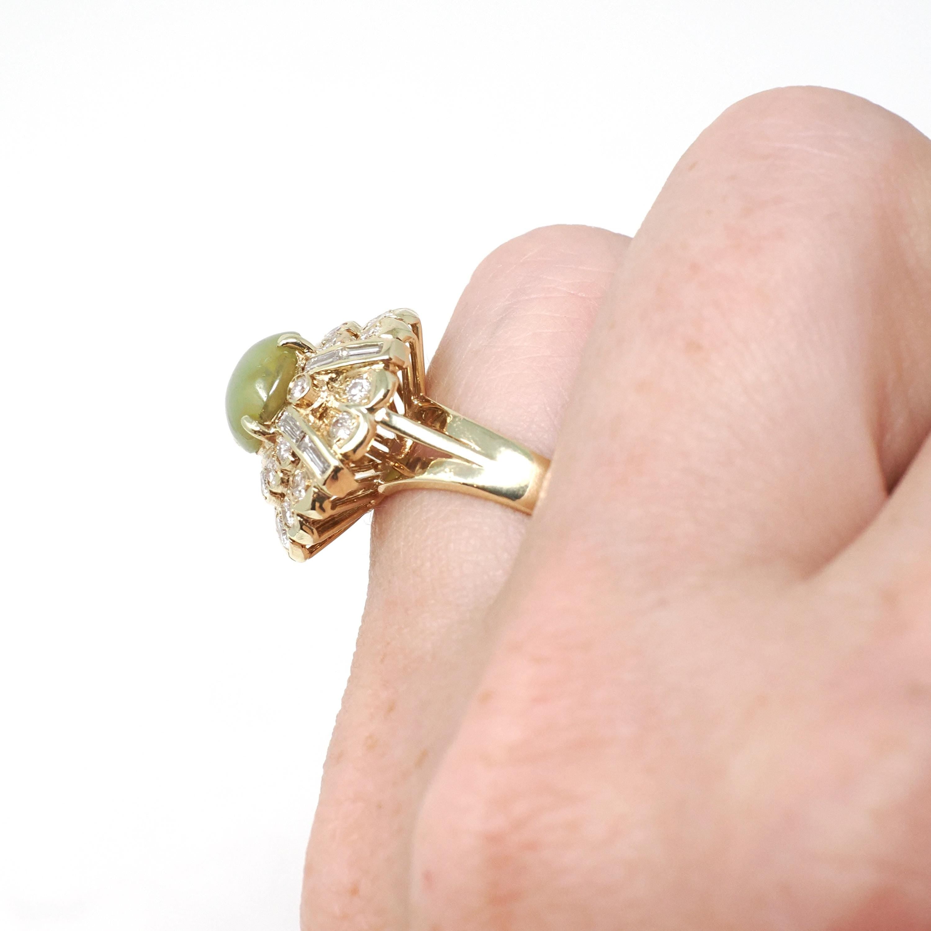 Chrysoberyl Halo Ring - Modern 14k Yellow Gold Green Cat's Eye Gem & Diamond Accents - Estate Circa 1990s Size 4 1/2 Fine Statement Jewelry