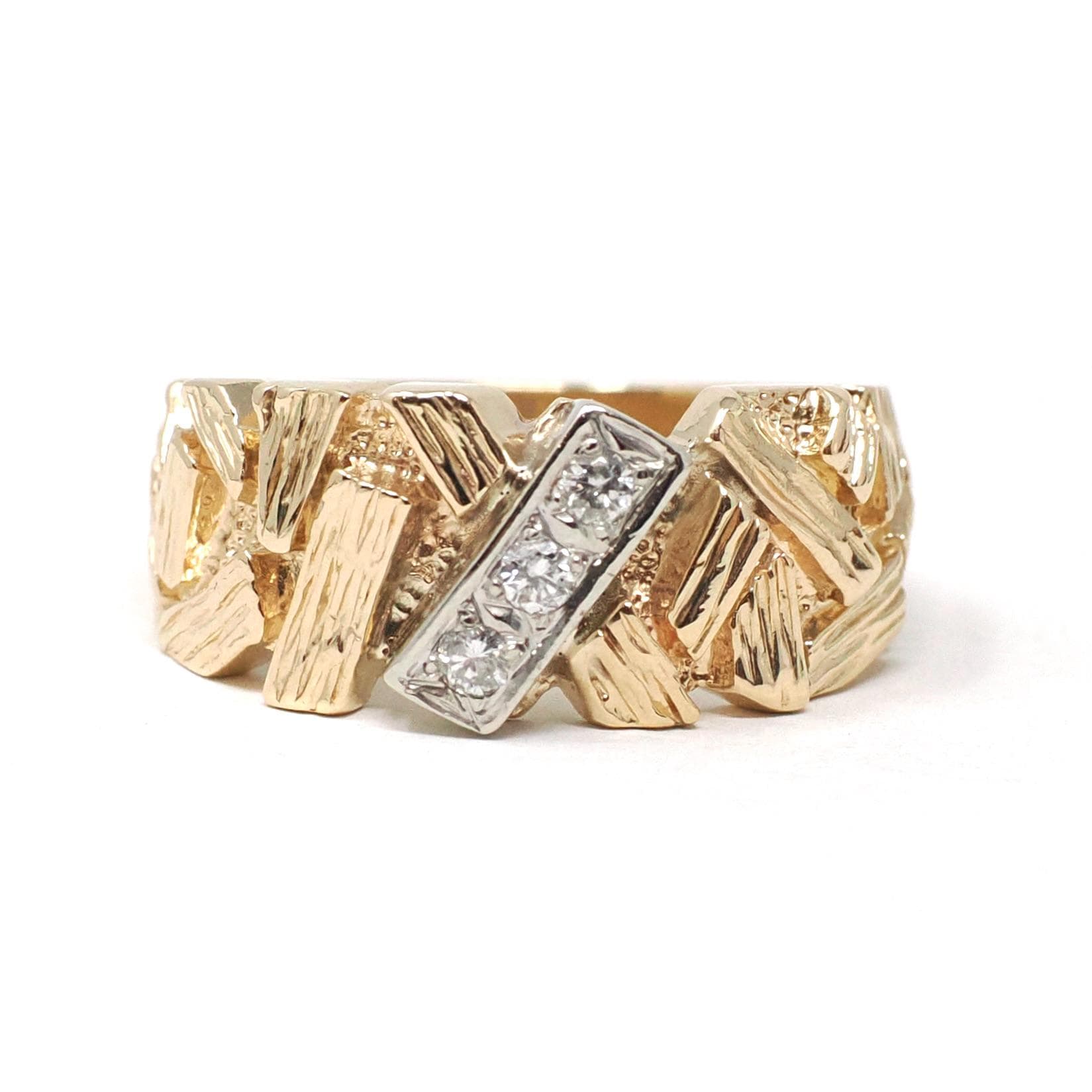 Textured Cigar Band - Retro 14k Yellow Gold & 10k White Gold .04 CTW Diamond Accent Stacking Ring - Dated 1976 Size 4 3/4 Fine Jewelry