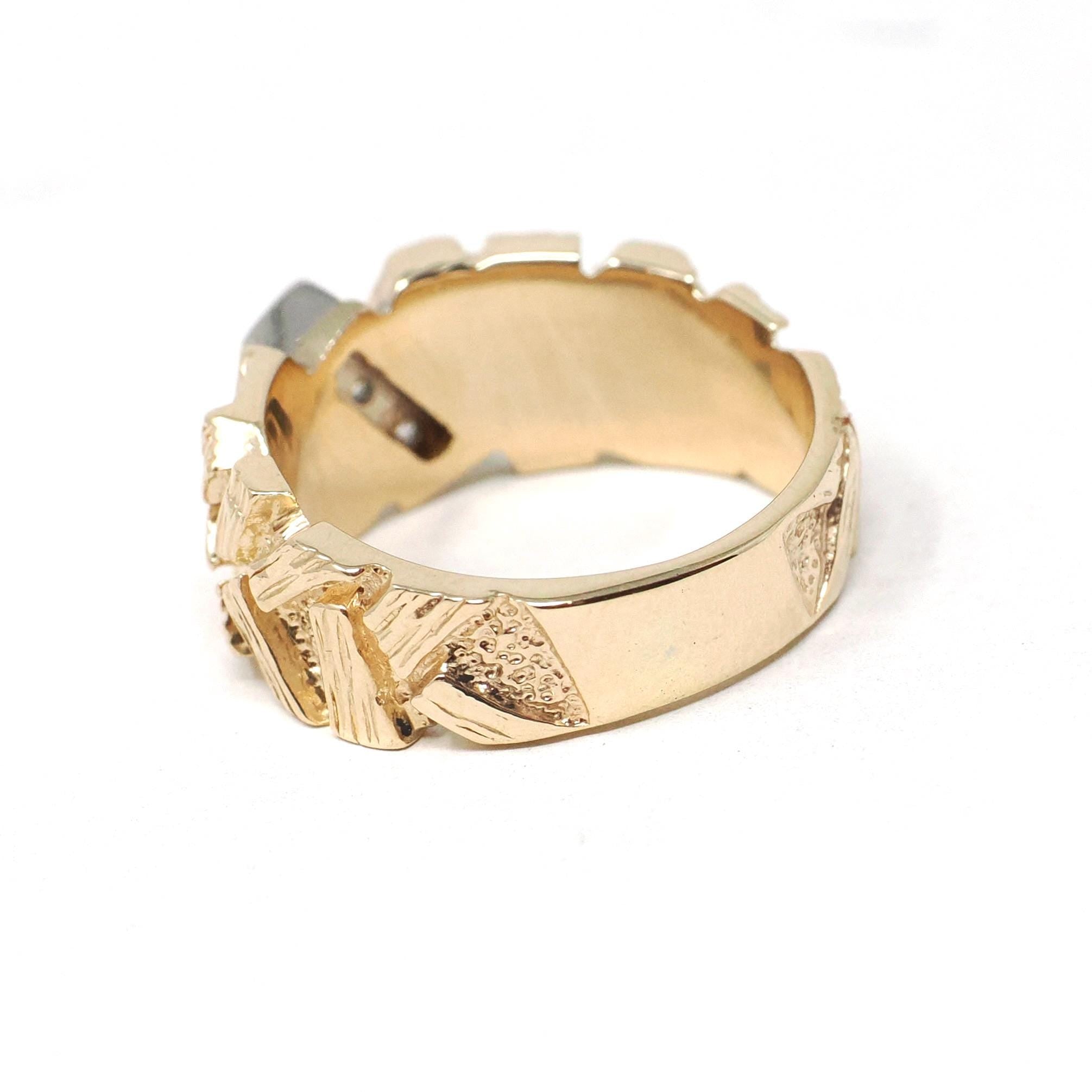 Textured Cigar Band - Retro 14k Yellow Gold & 10k White Gold .04 CTW Diamond Accent Stacking Ring - Dated 1976 Size 4 3/4 Fine Jewelry