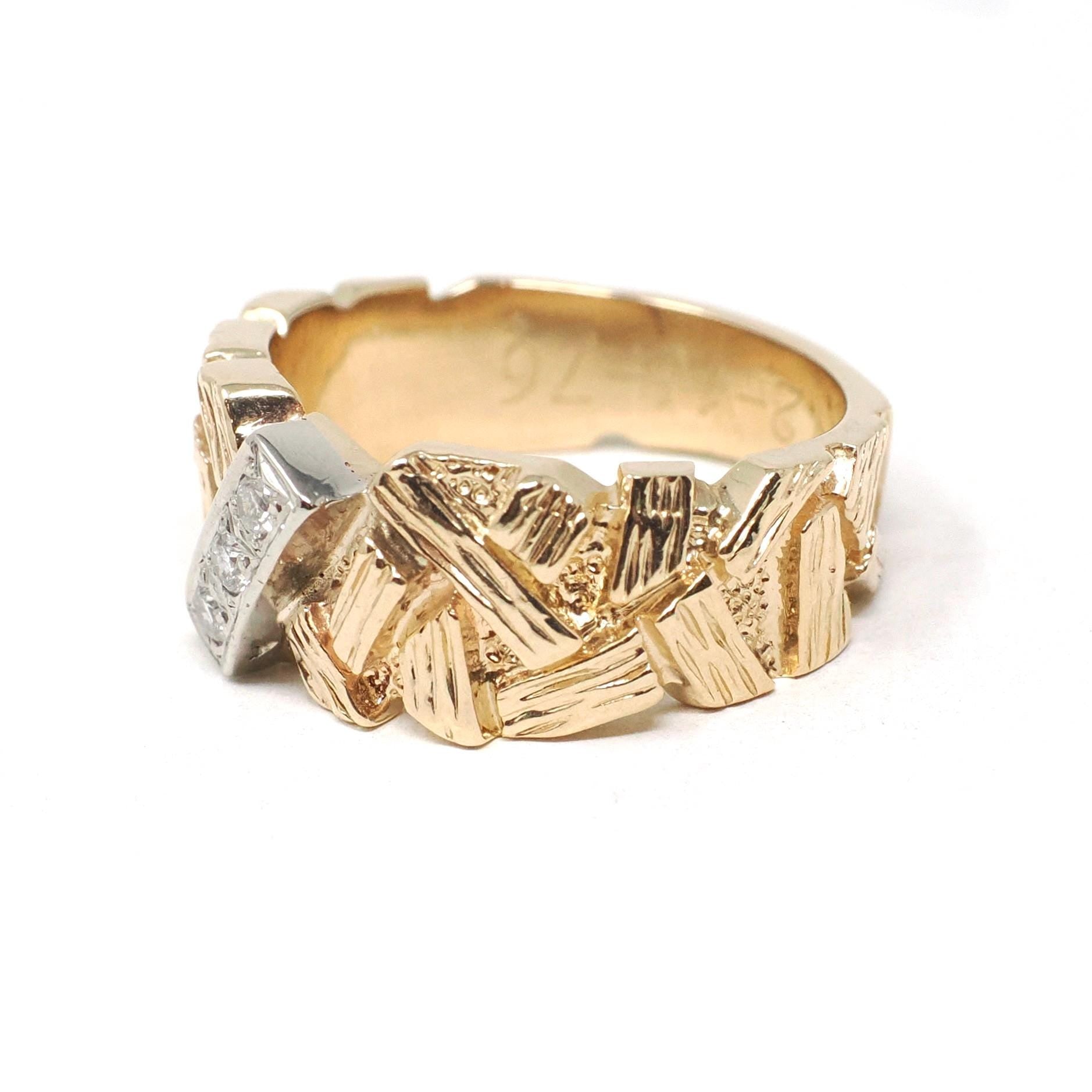 Textured Cigar Band - Retro 14k Yellow Gold & 10k White Gold .04 CTW Diamond Accent Stacking Ring - Dated 1976 Size 4 3/4 Fine Jewelry